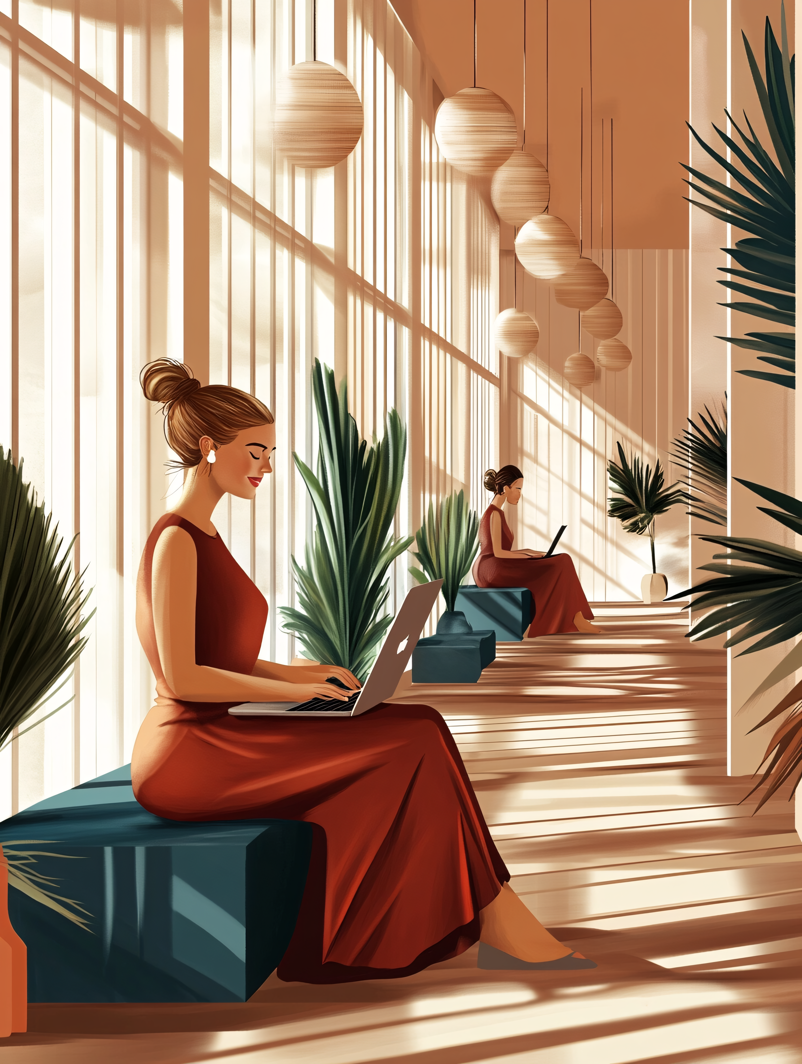 Elegant Women Working in Modern Office Space