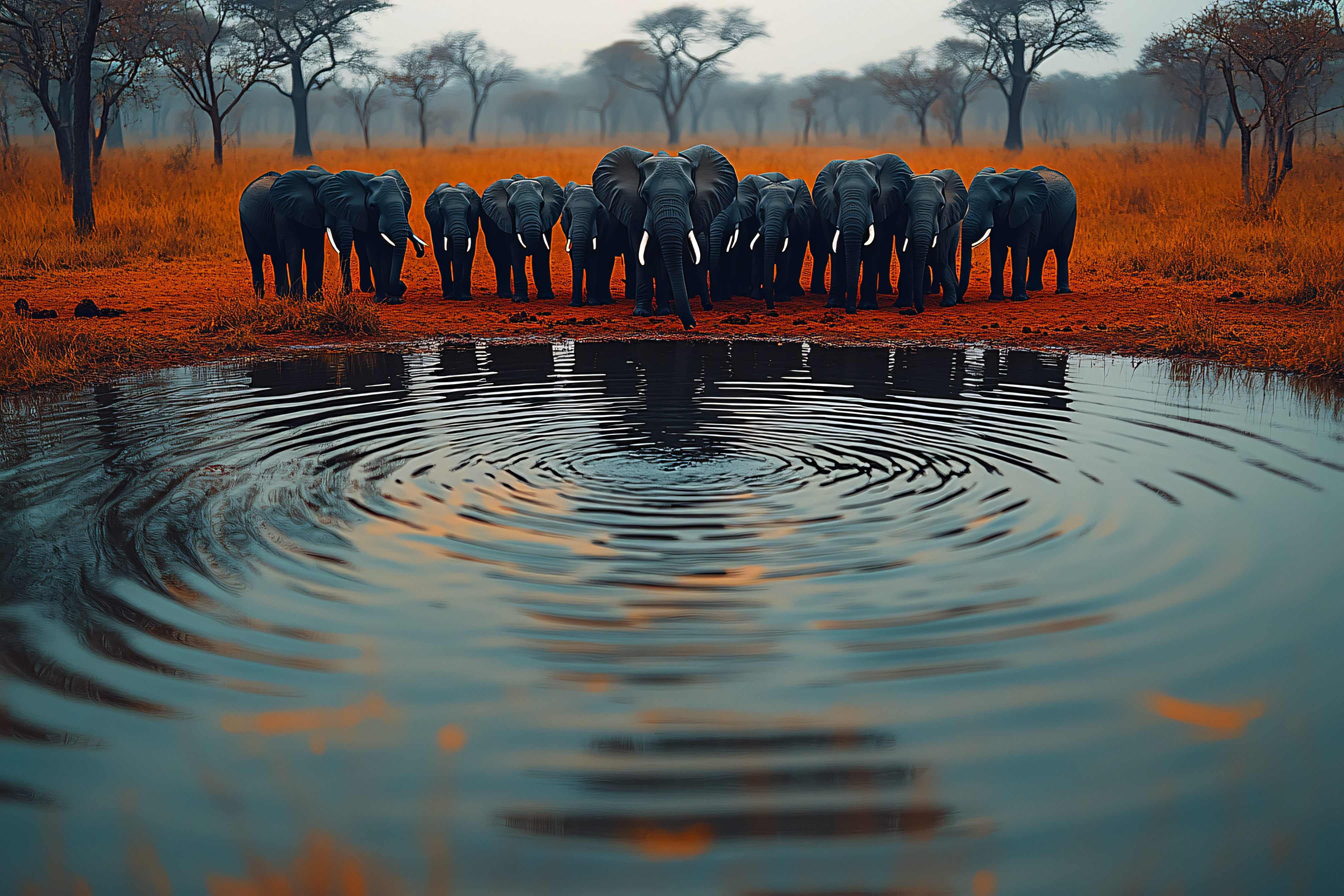 Elephant Herd at Watering Hole