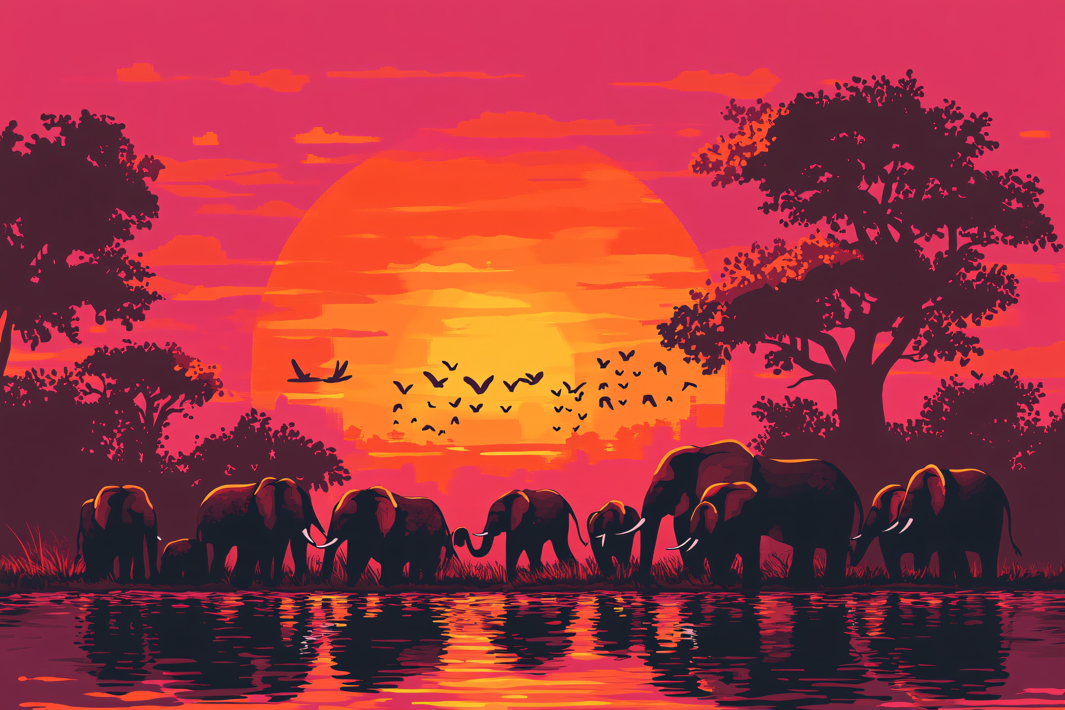 Elephants at Sunset Silhouette