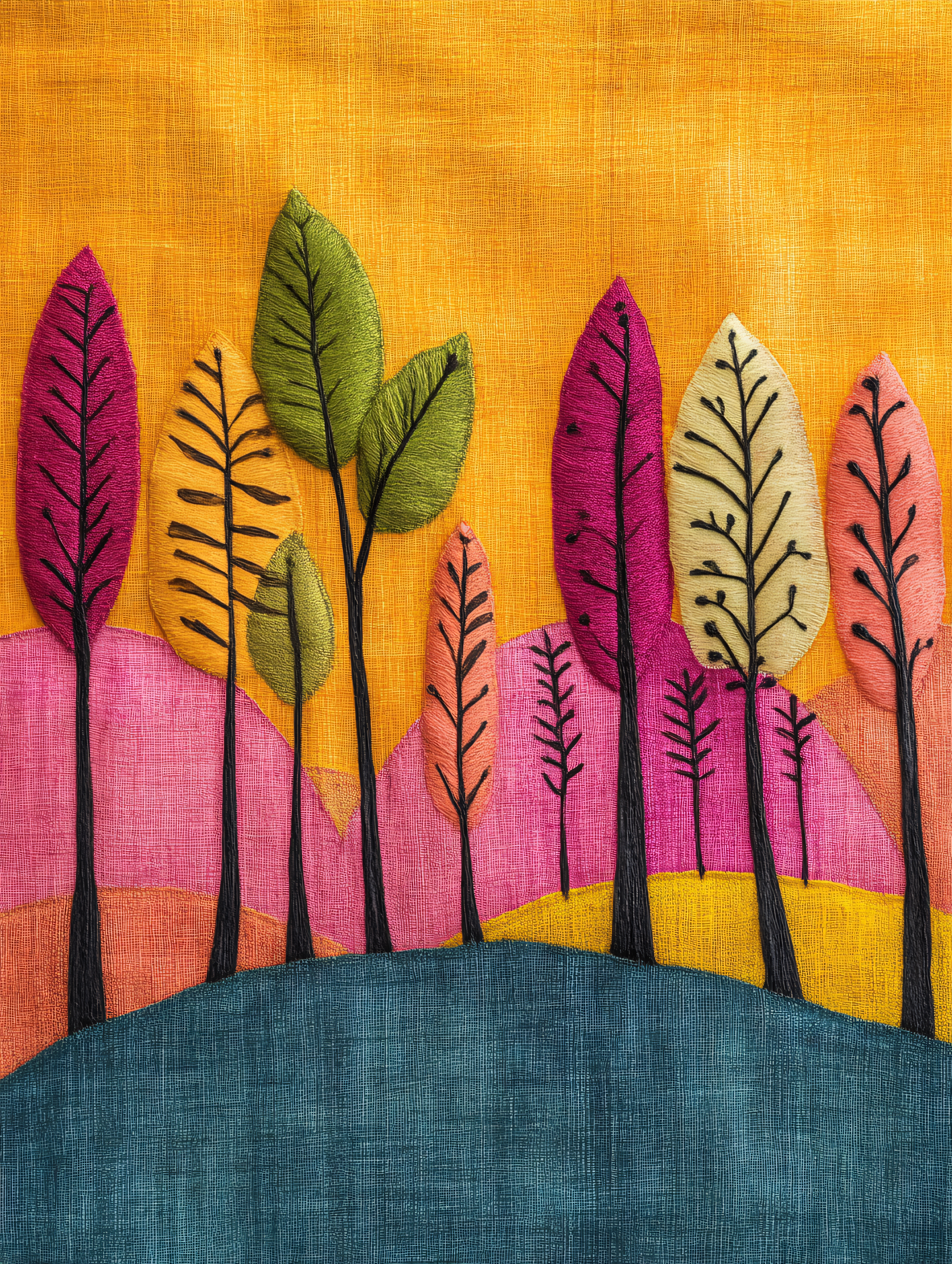 Embroidered Colorful Trees Landscape