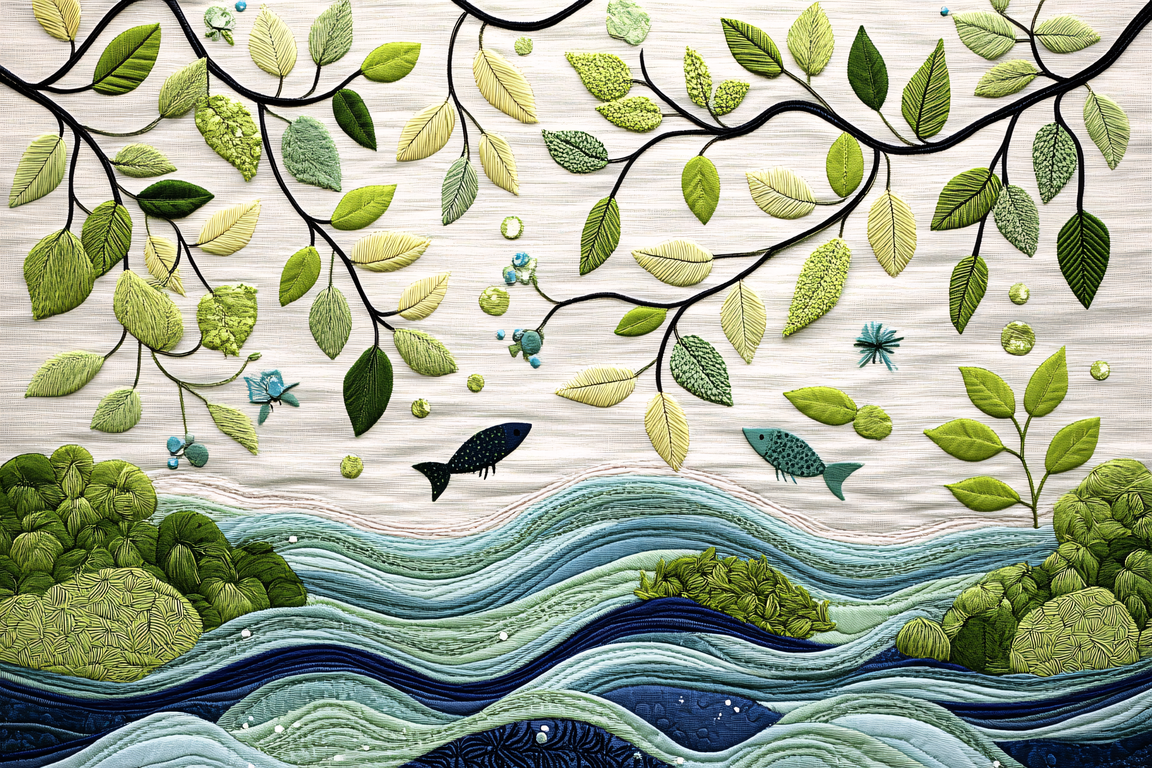 Embroidered River Landscape with Leaves and Fish
