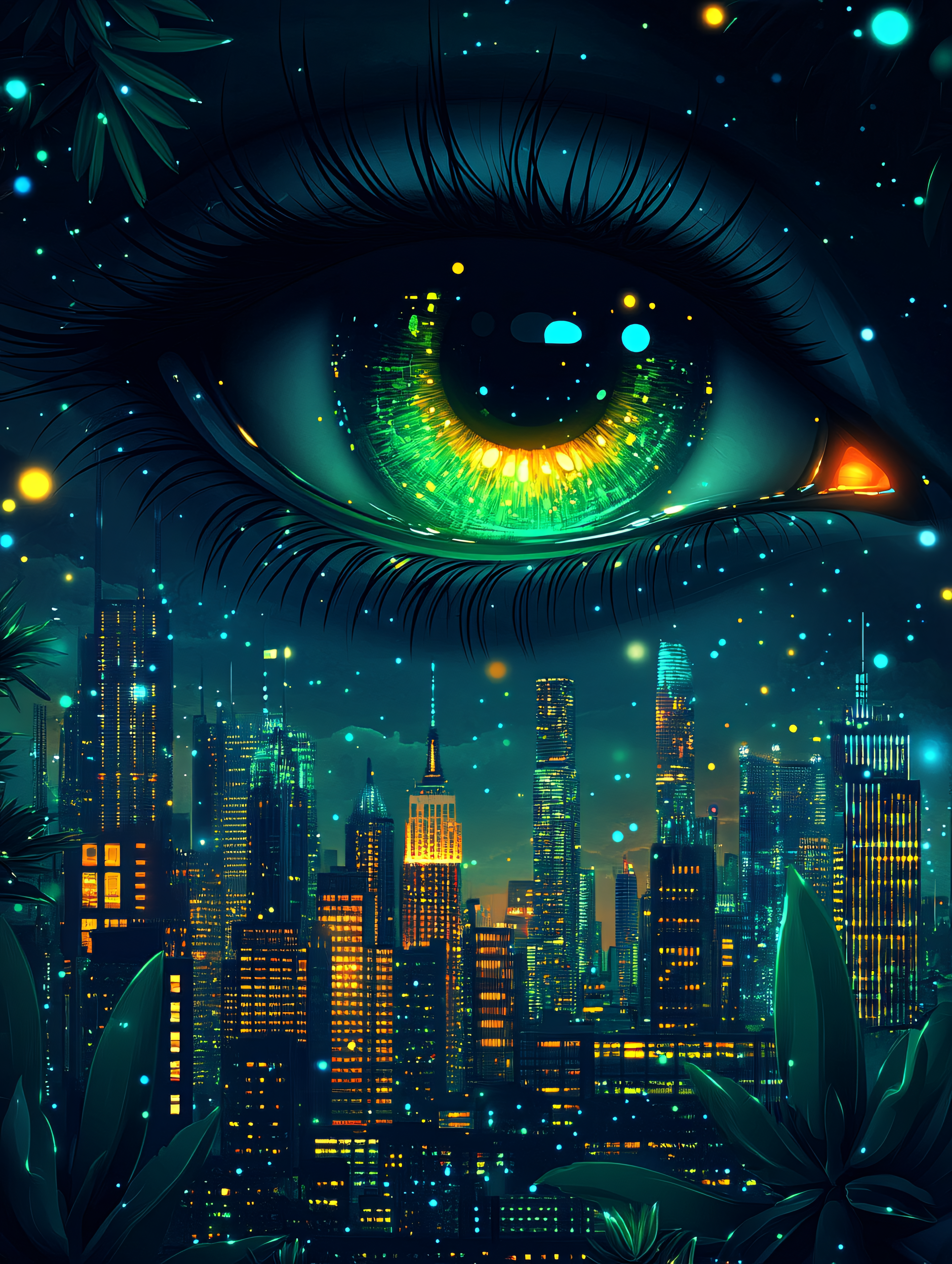 Emerald Eye Over Cityscape
