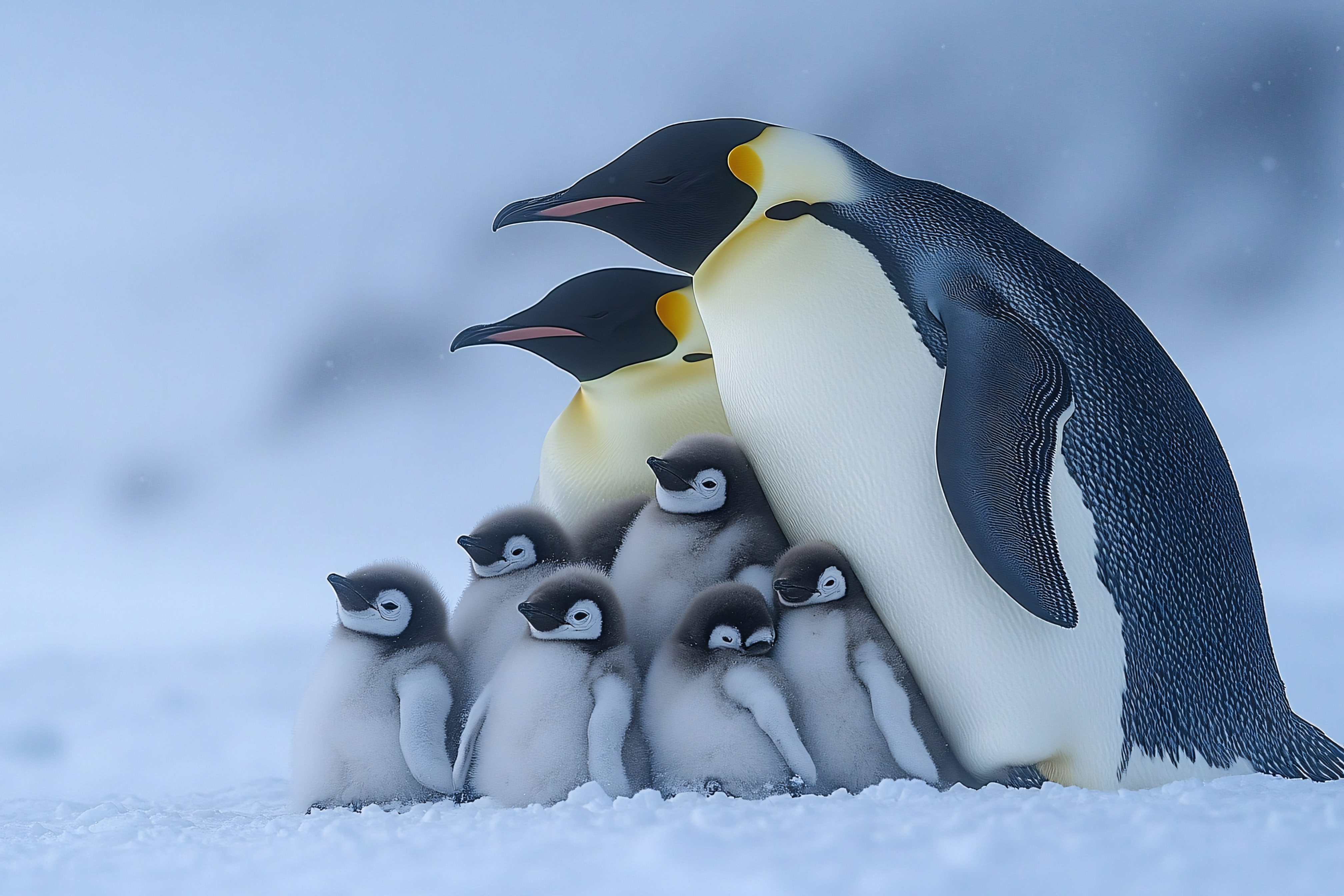 Emperor Penguin Family In Snowy Habitat