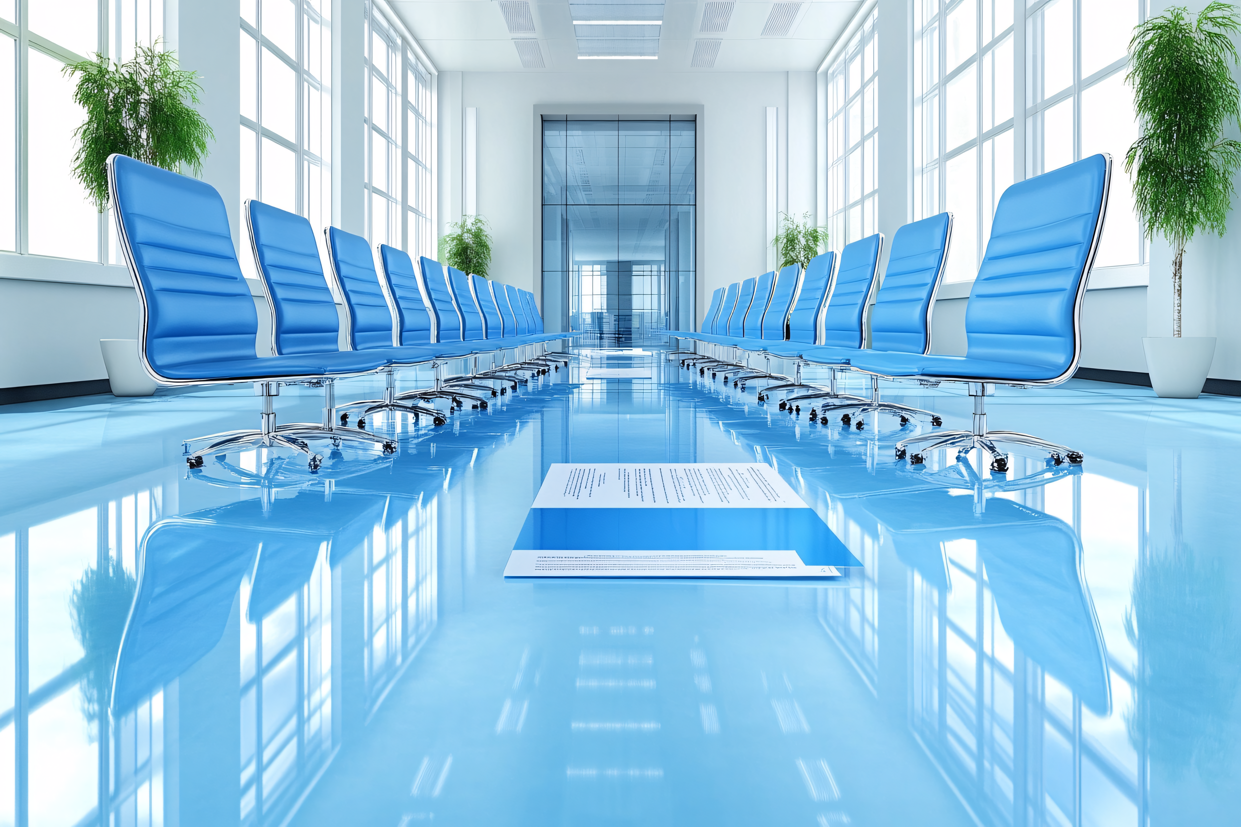 Empty Modern Office Conference Room With Blue Chairs And Document