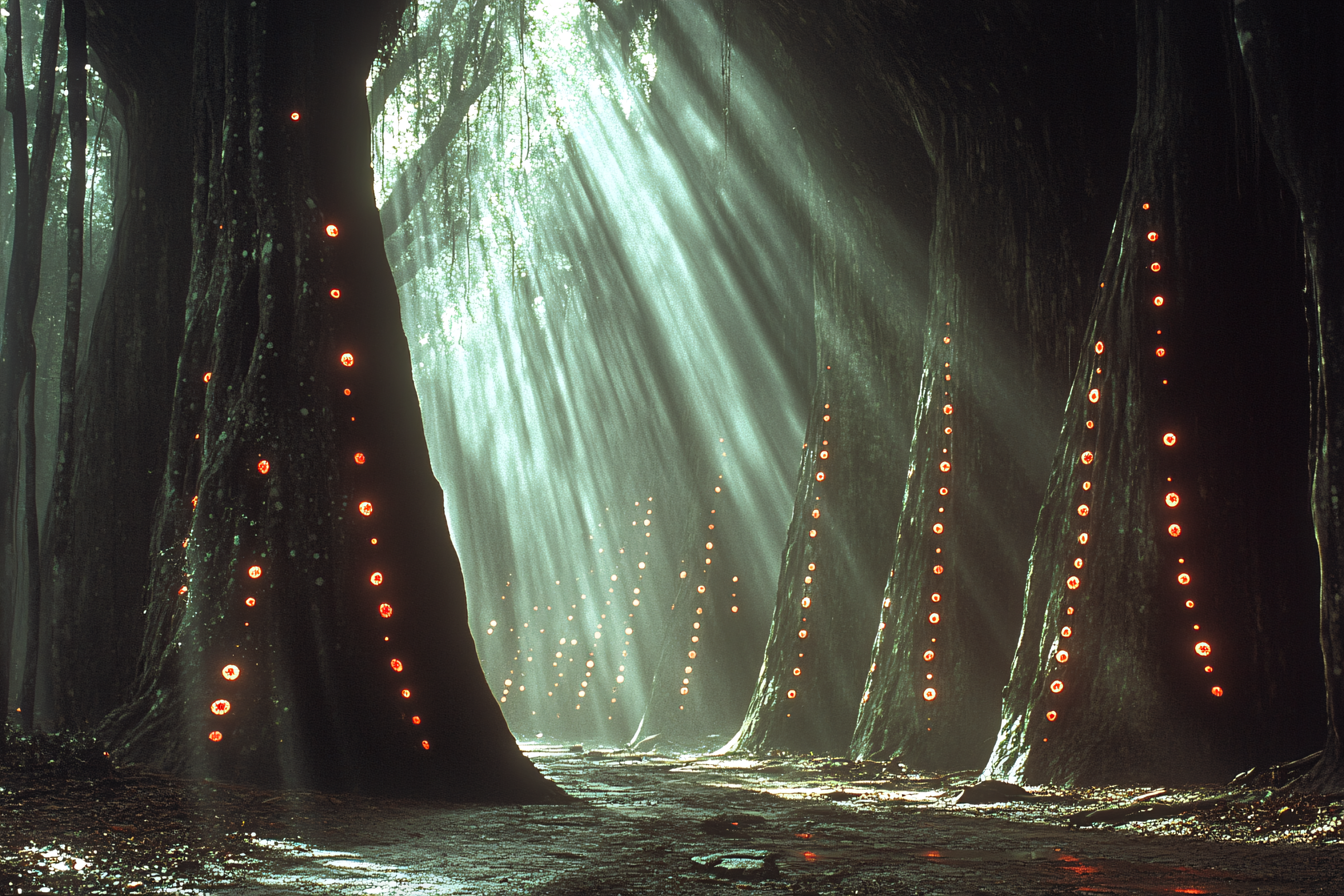 Enchanted Forest Path with Luminous Orbs