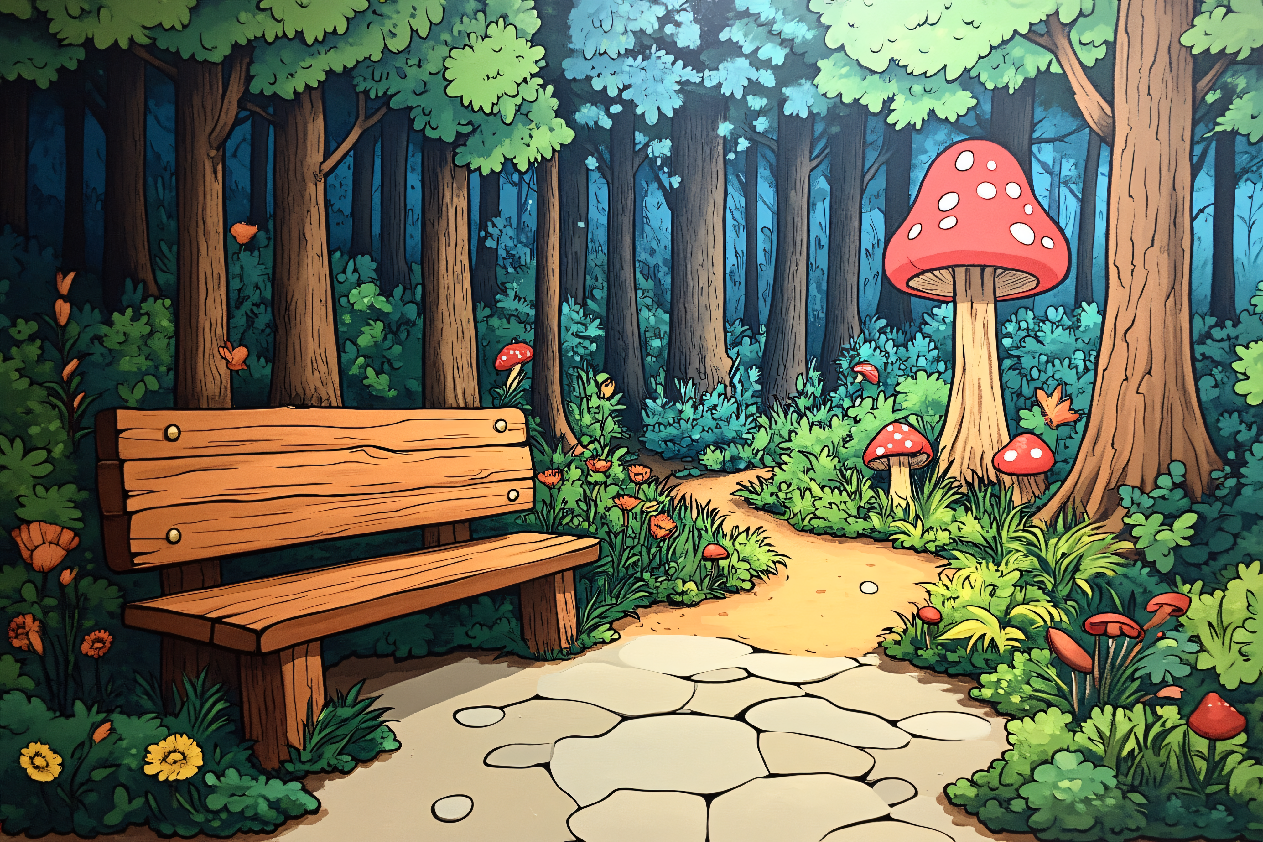 Enchanted Forest Path with Wooden Bench and Mushrooms