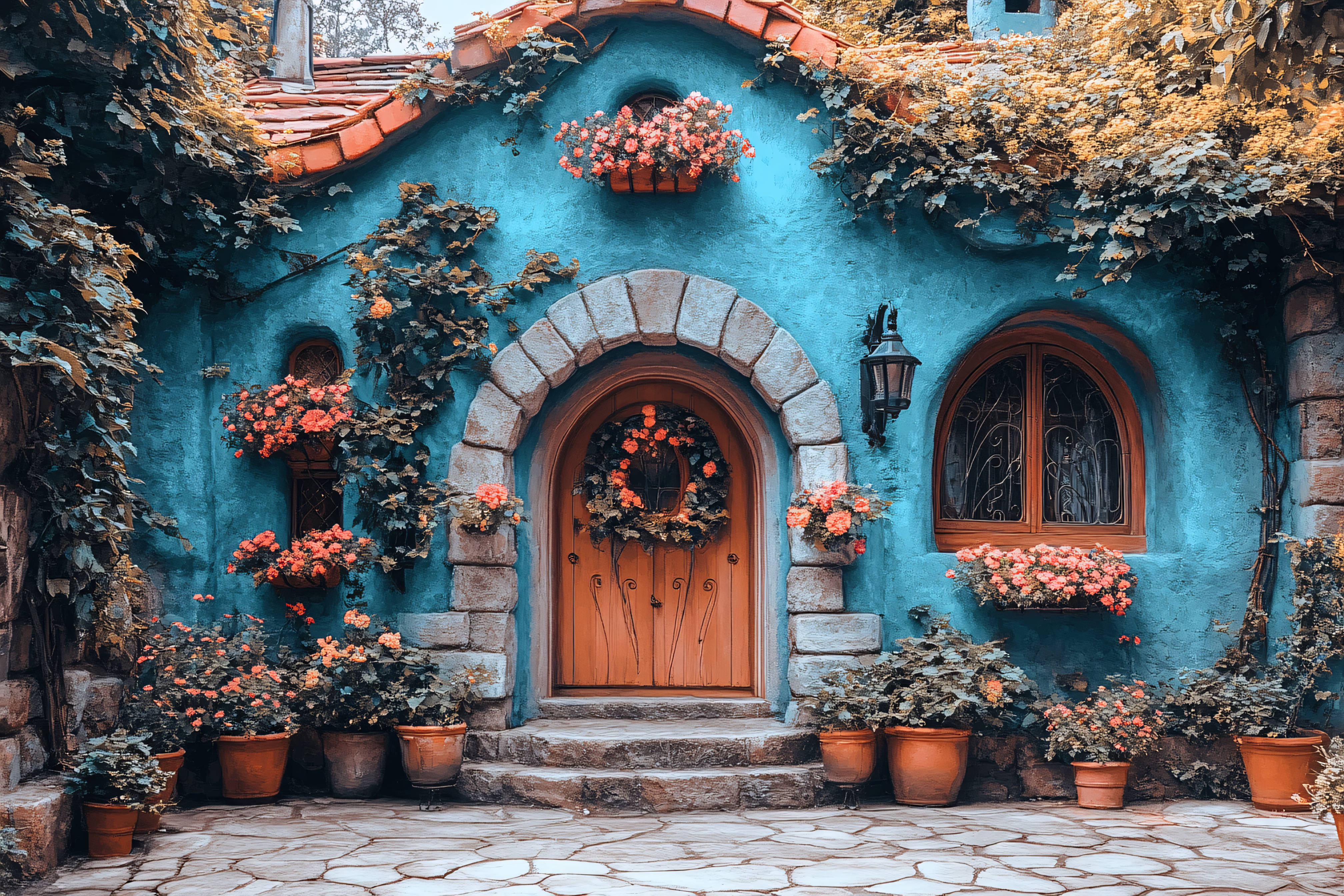 Enchanting Blue Cottage with Flower Decorations