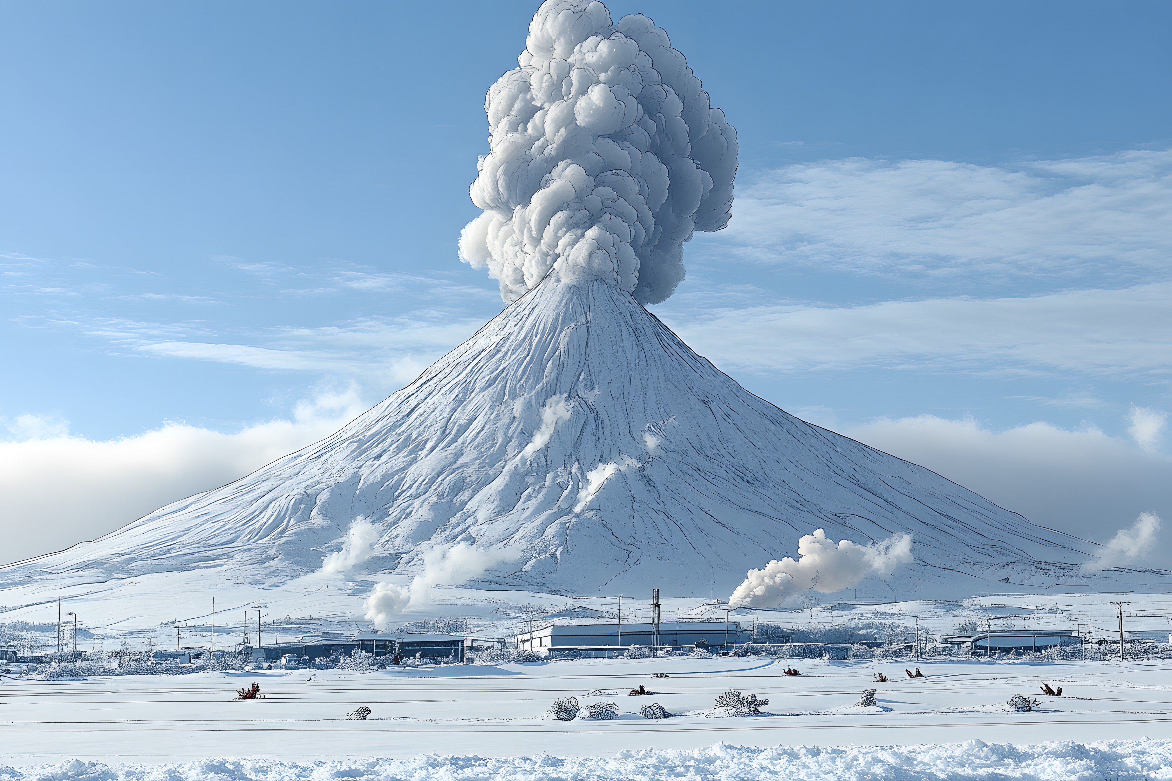 Erupting Volcano with Snowy Landscape