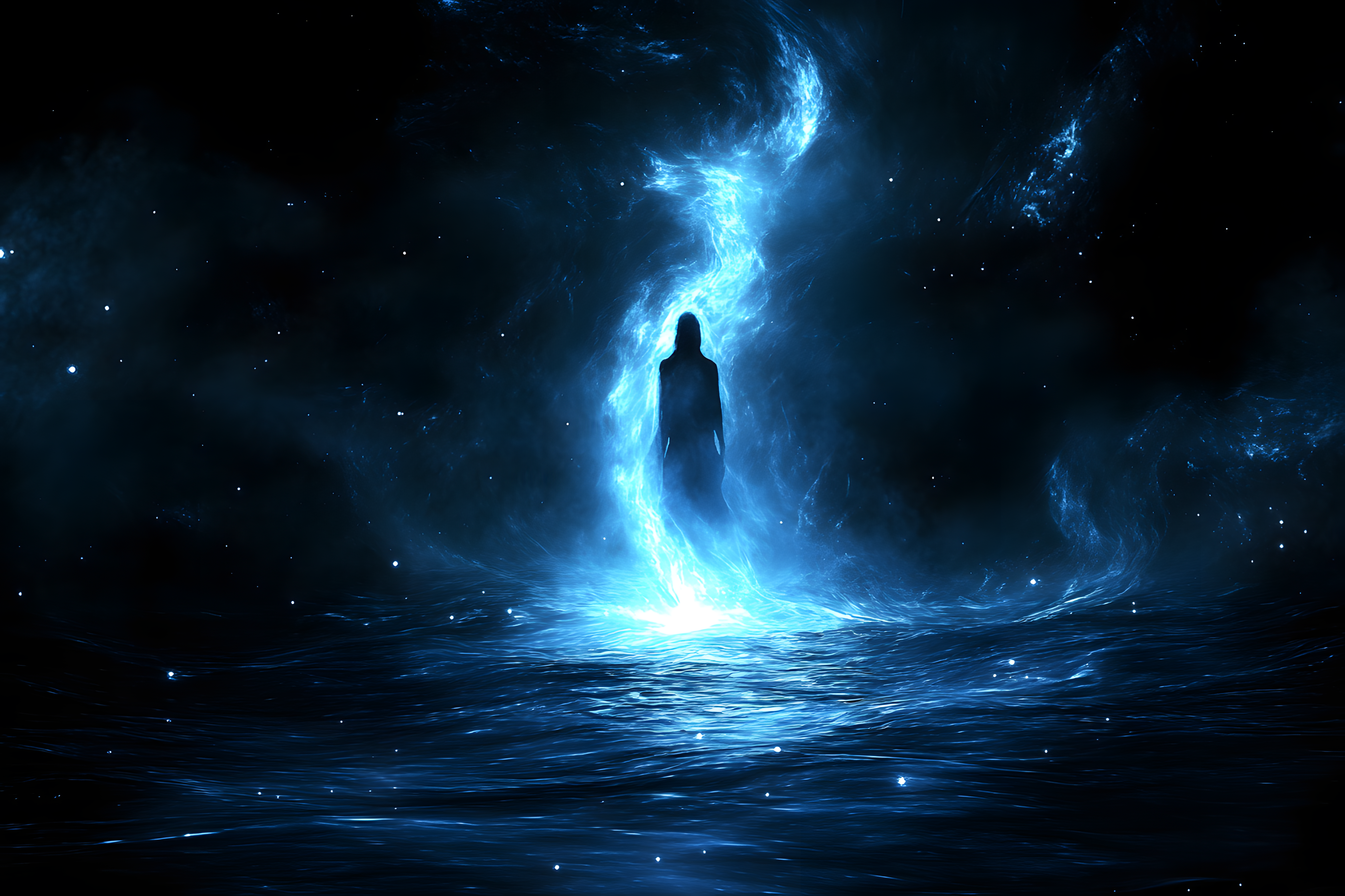 Ethereal Figure in Nebula Water
