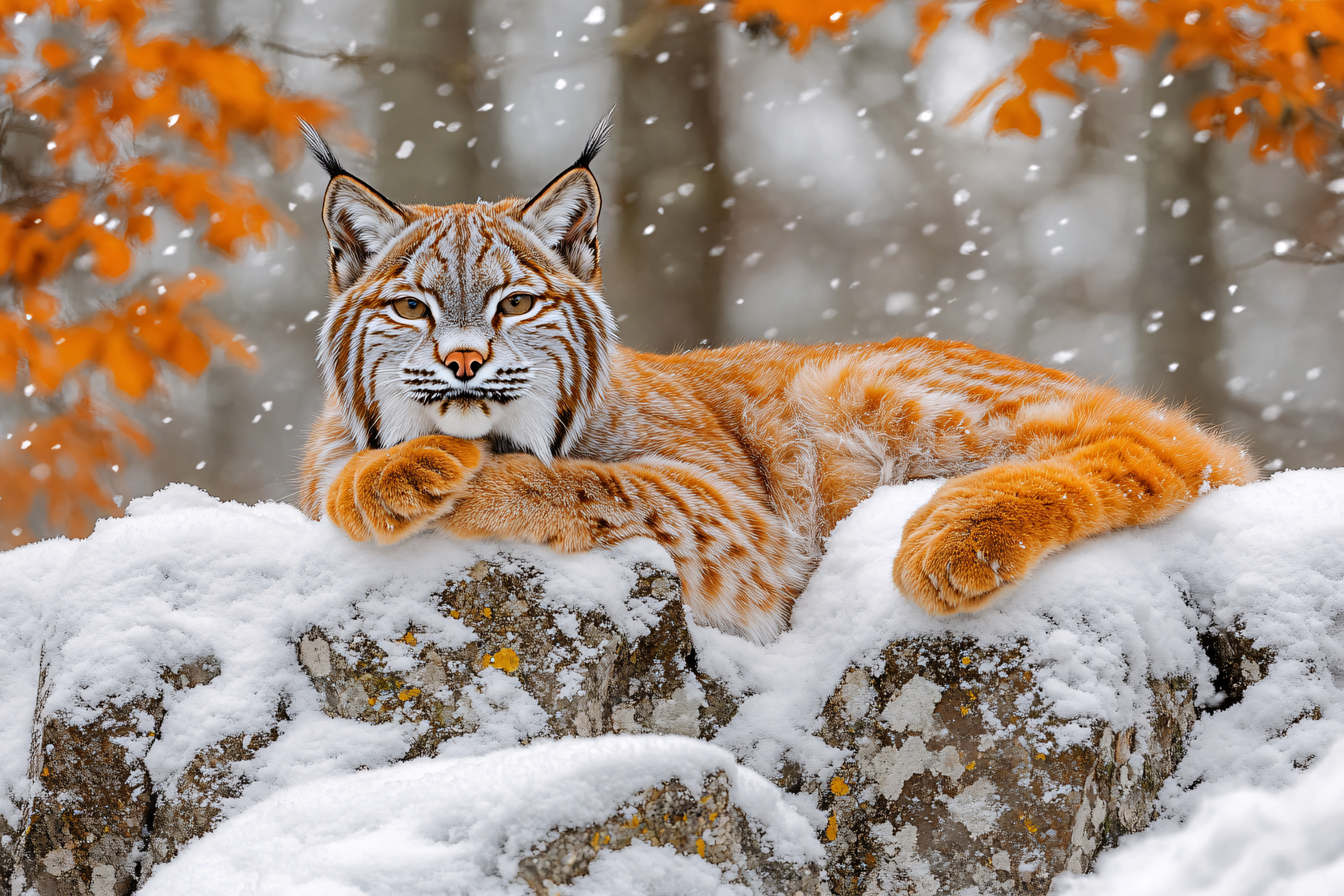 Eurasian Lynx Resting On Snowy Rocks