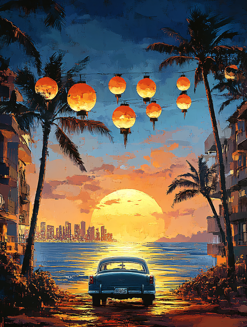 Evening Lanterns Over Tropical Sunset