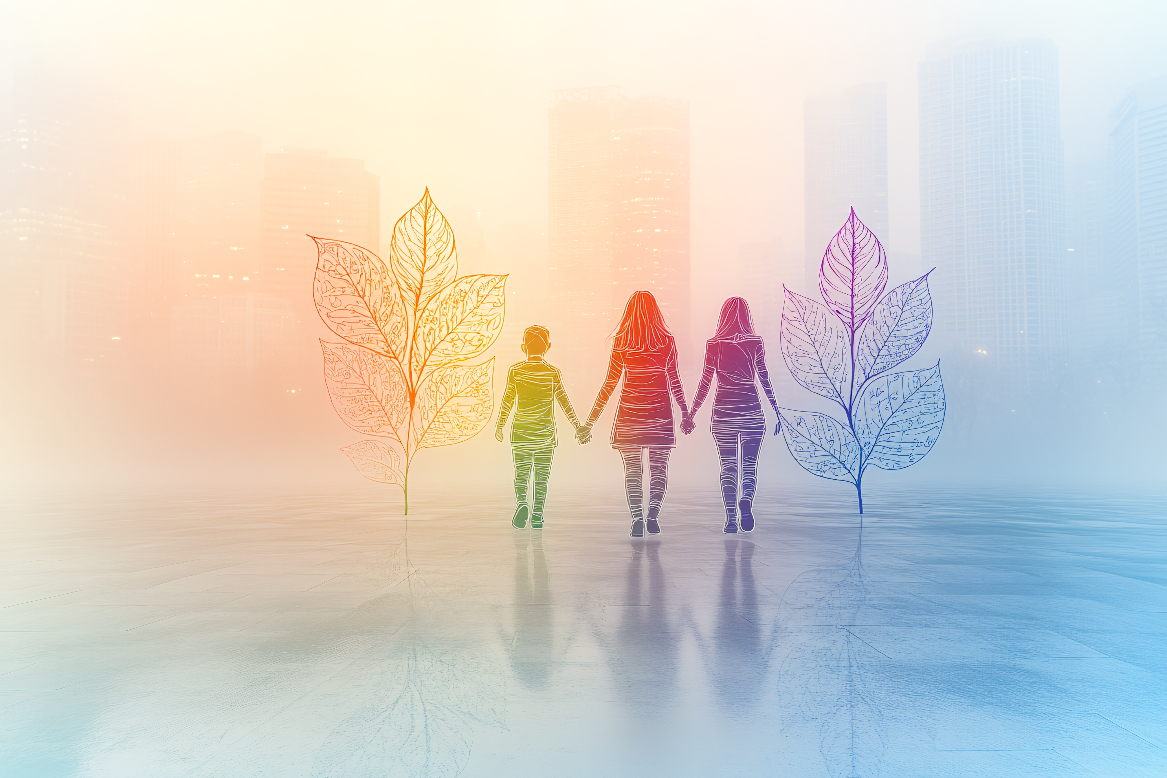 Family City Walk With Leaves