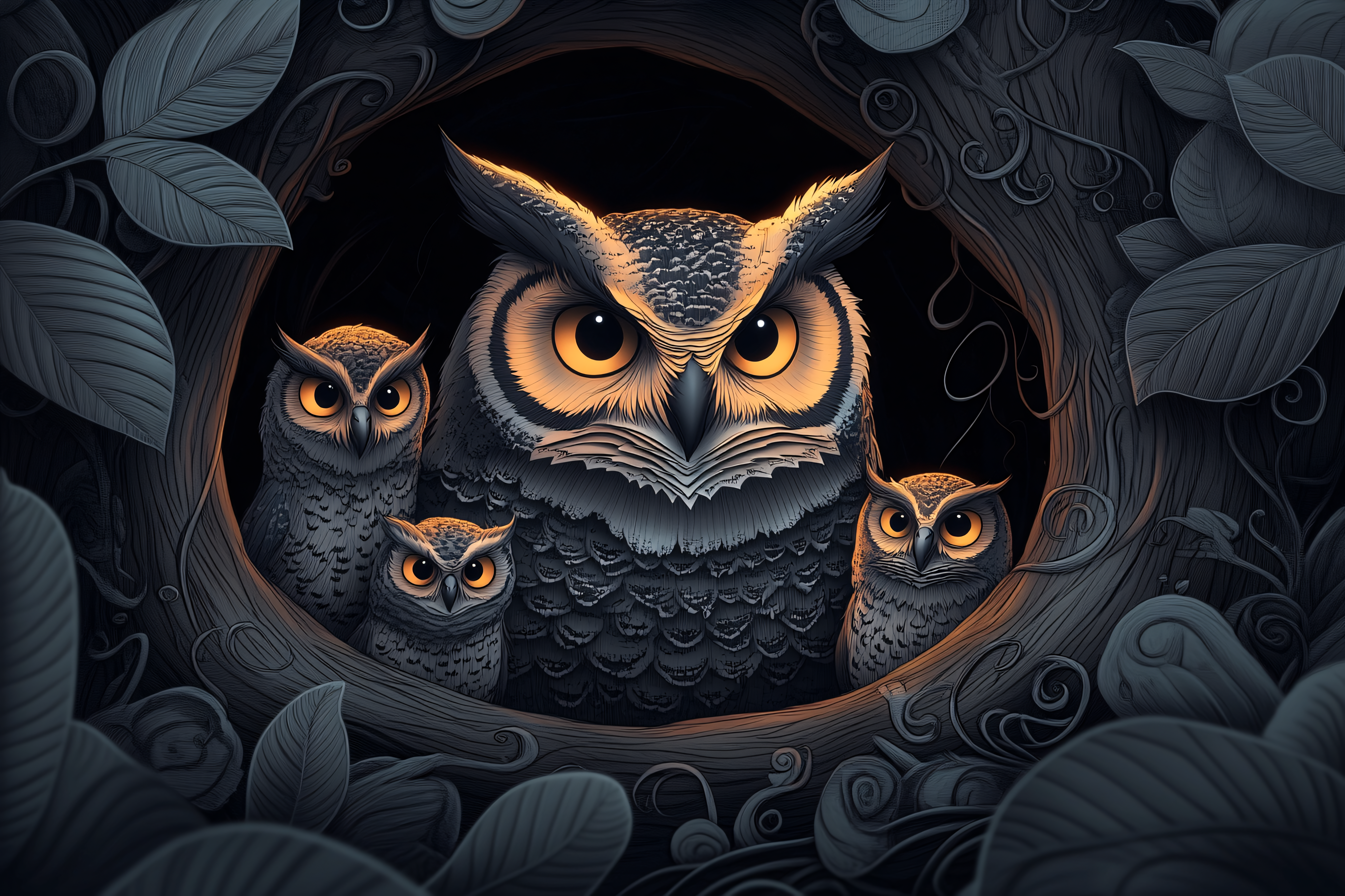 Family Of Owls In Tree Hollow