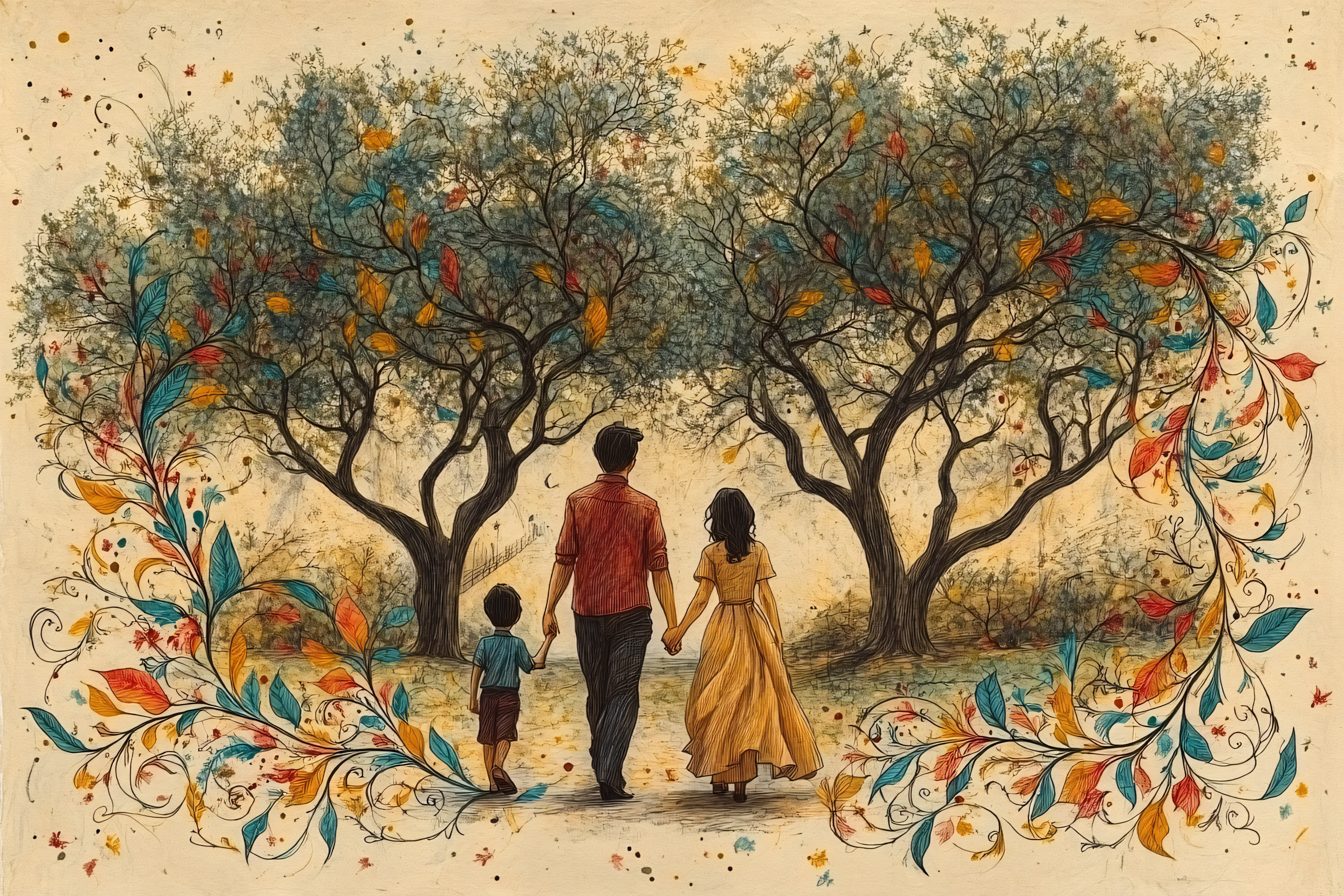 Family Walk In Autumn Garden