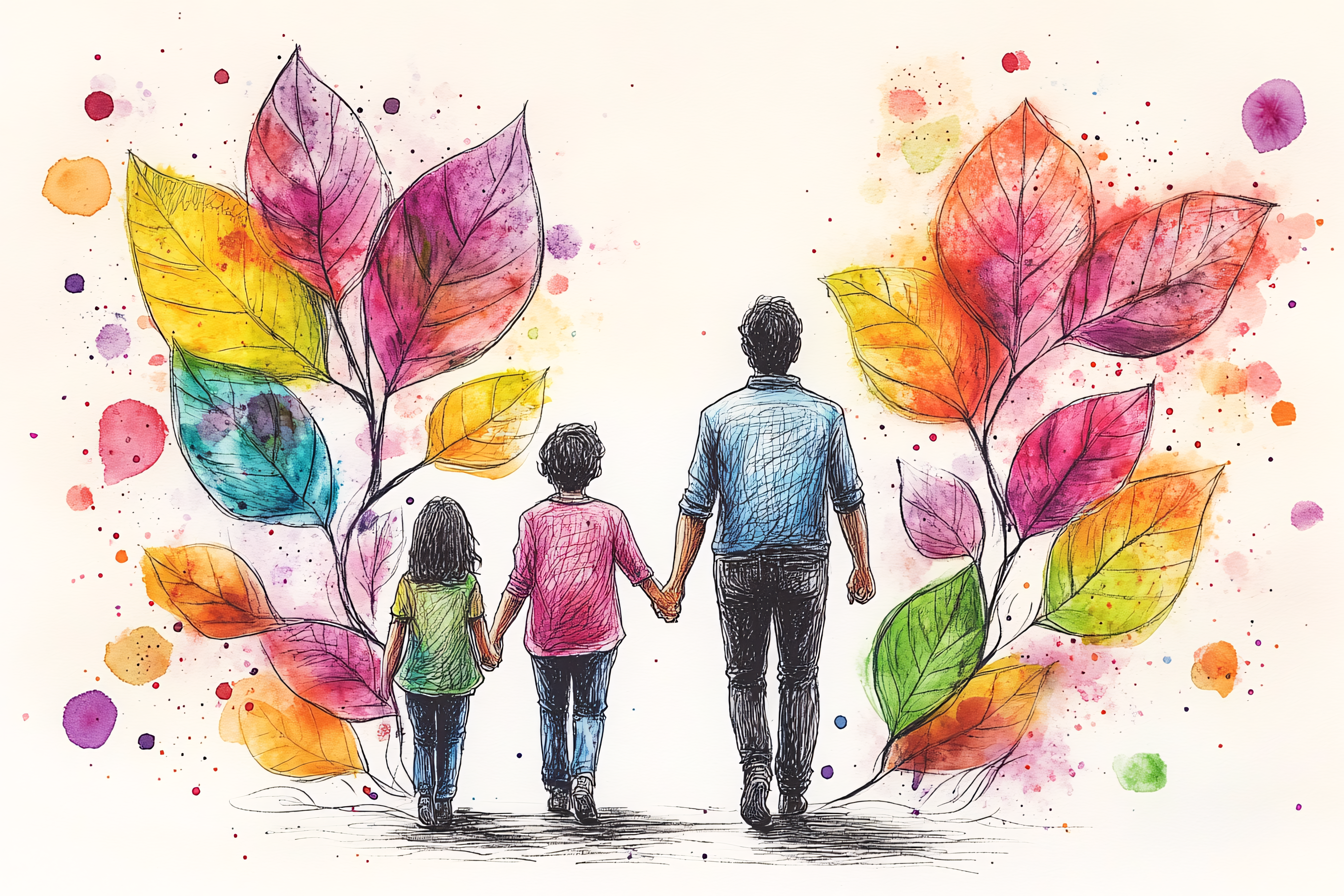 Family Walk with Colorful Leaves