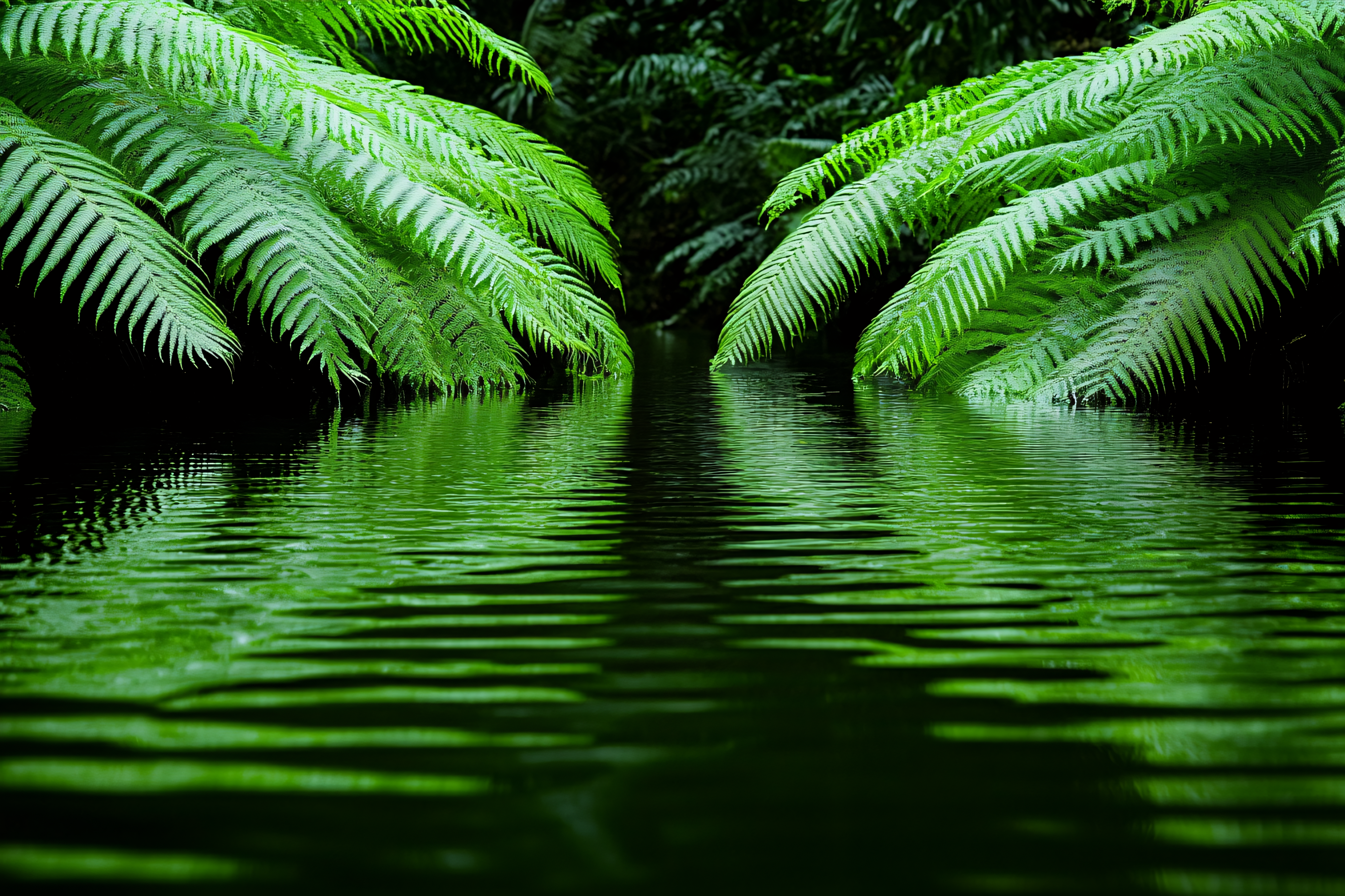 Ferns Over Green Water