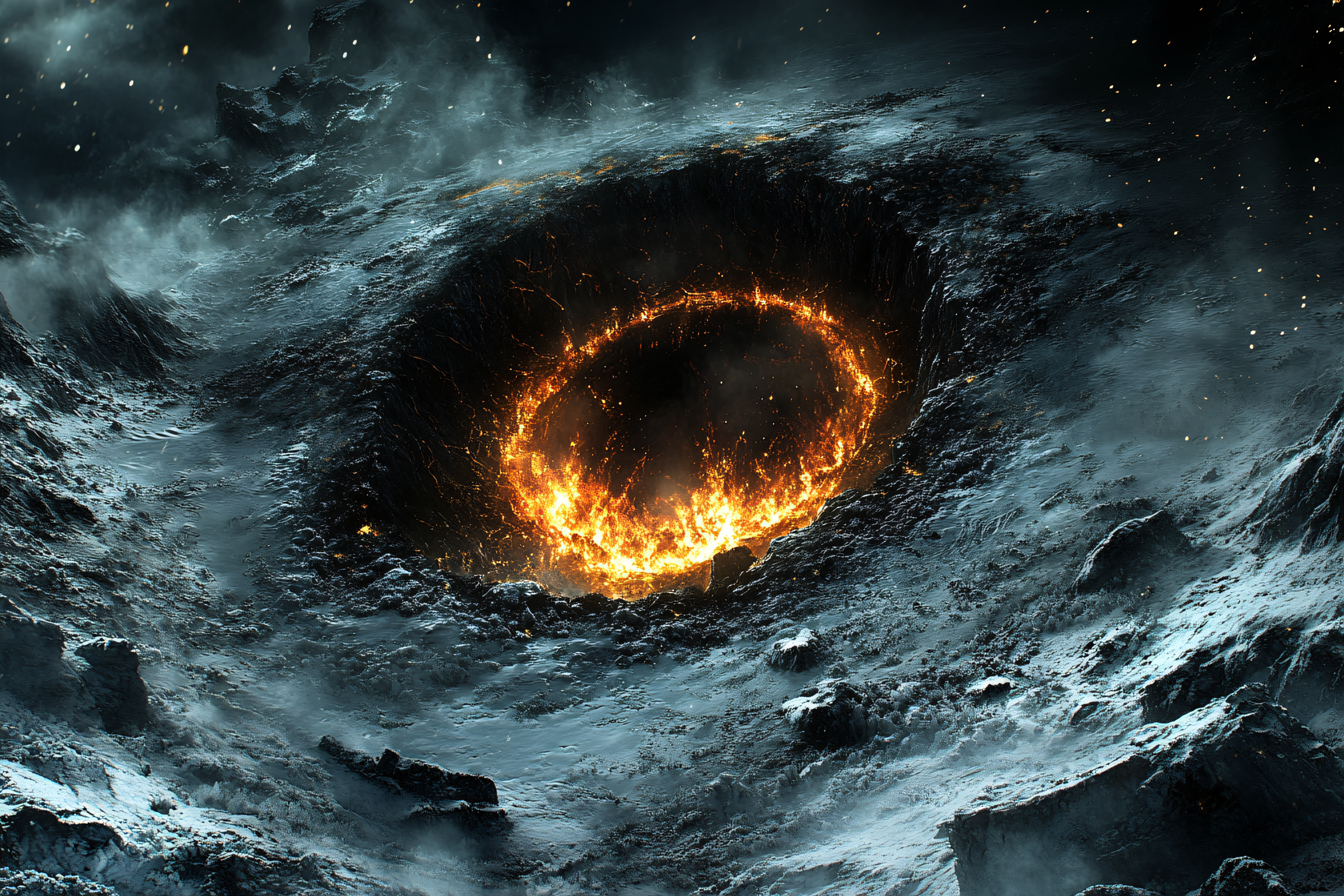 Fiery Impact Crater on a Frozen World