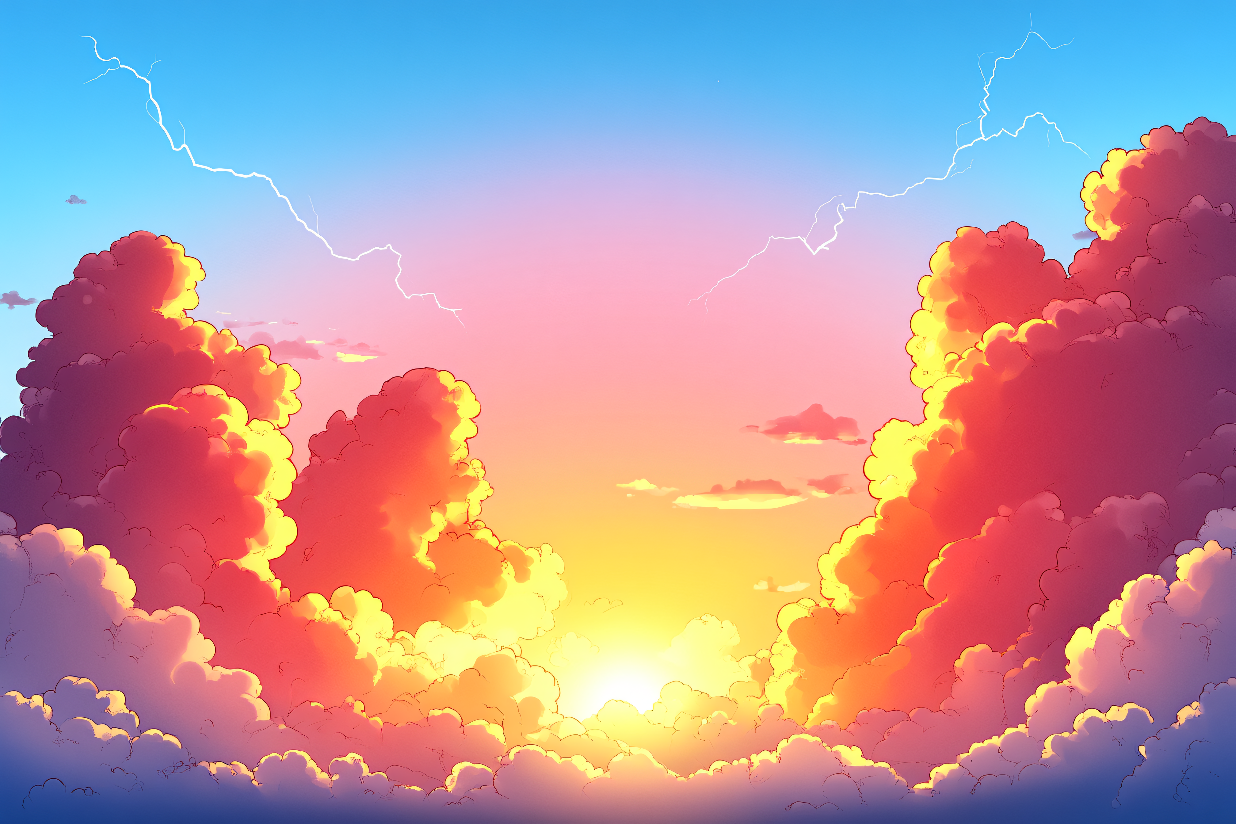 Fiery Sunset Cloudscape With Lightning