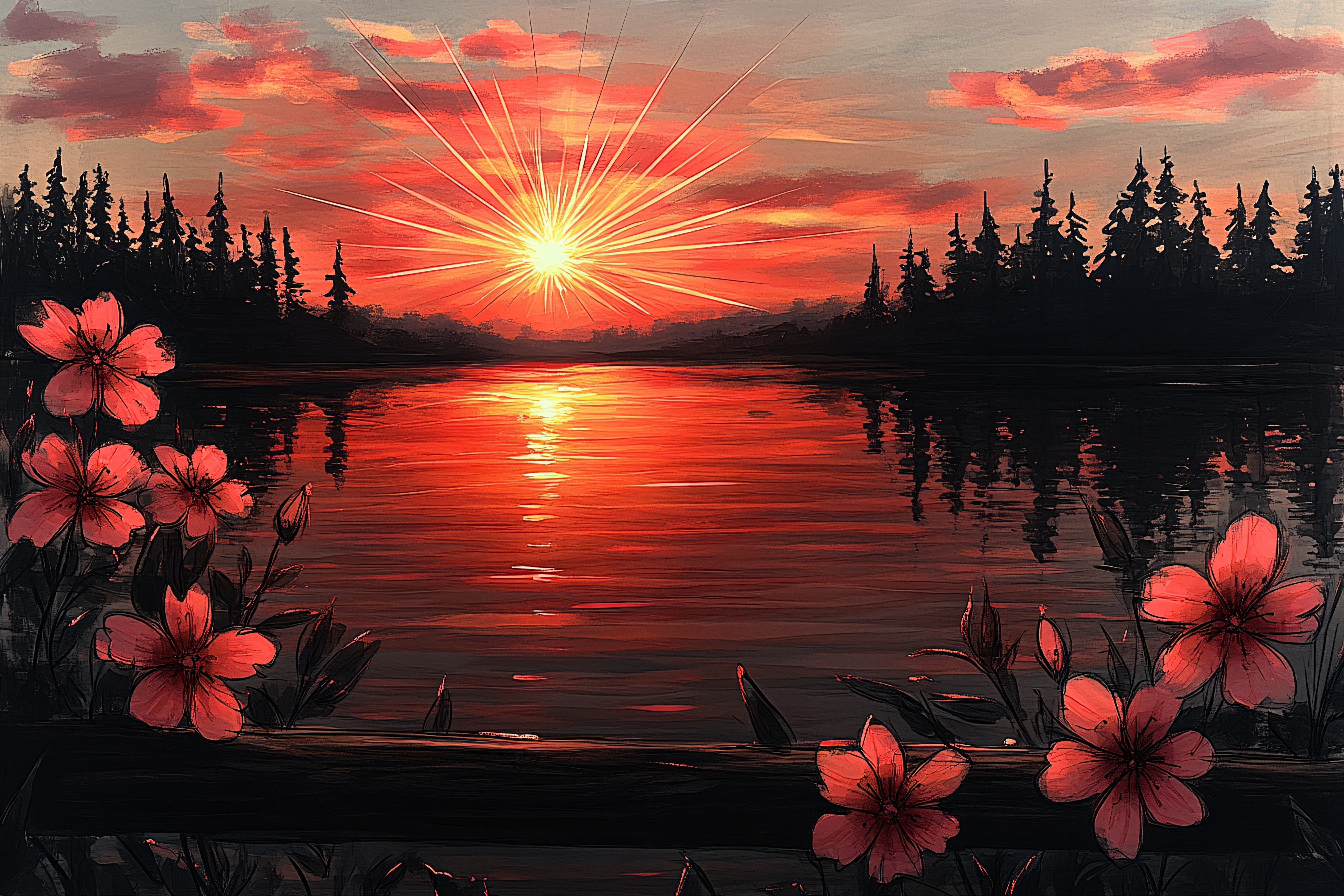 Fiery Sunset Over Tranquil Lake