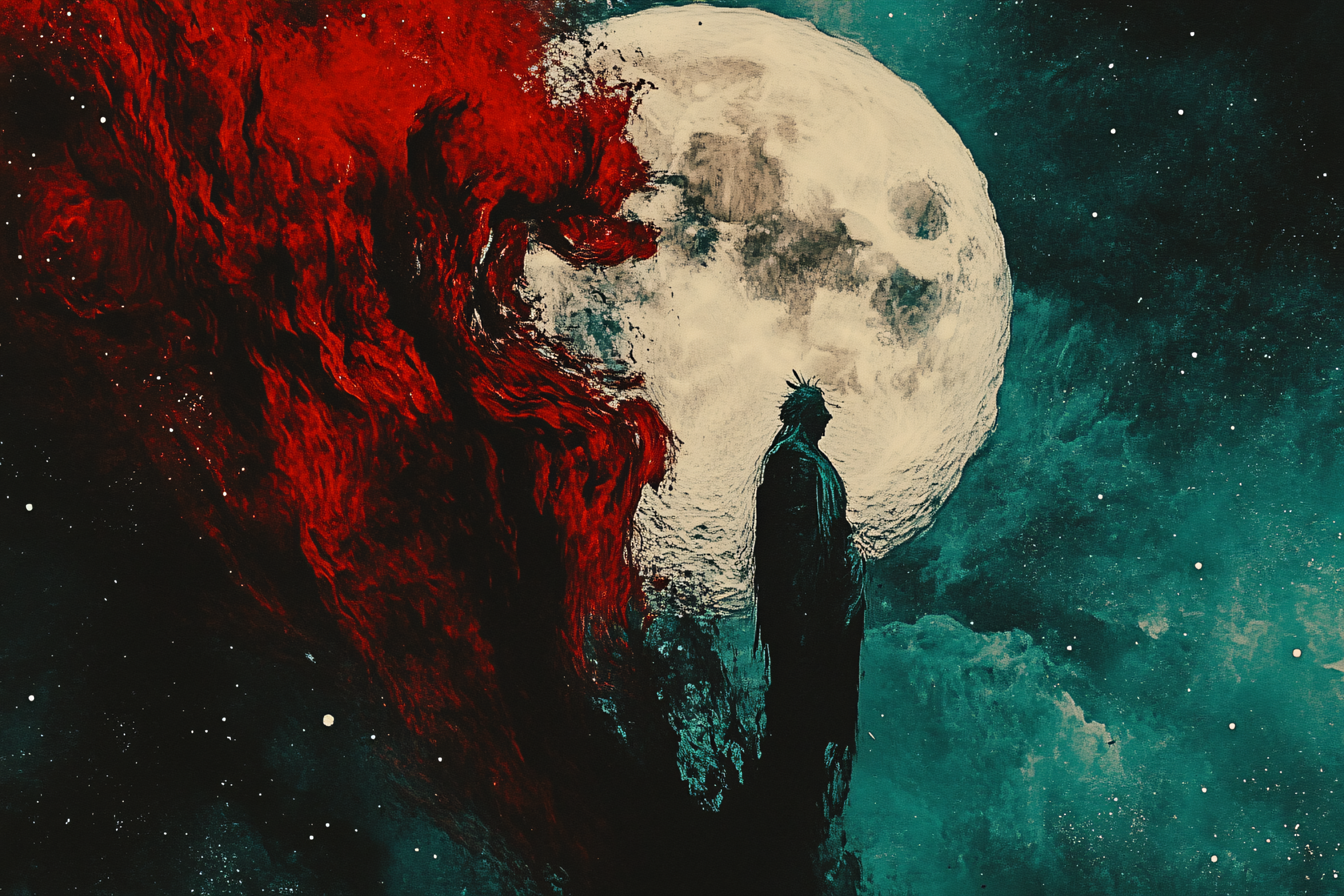 Figure Gazing At Crimson Moon