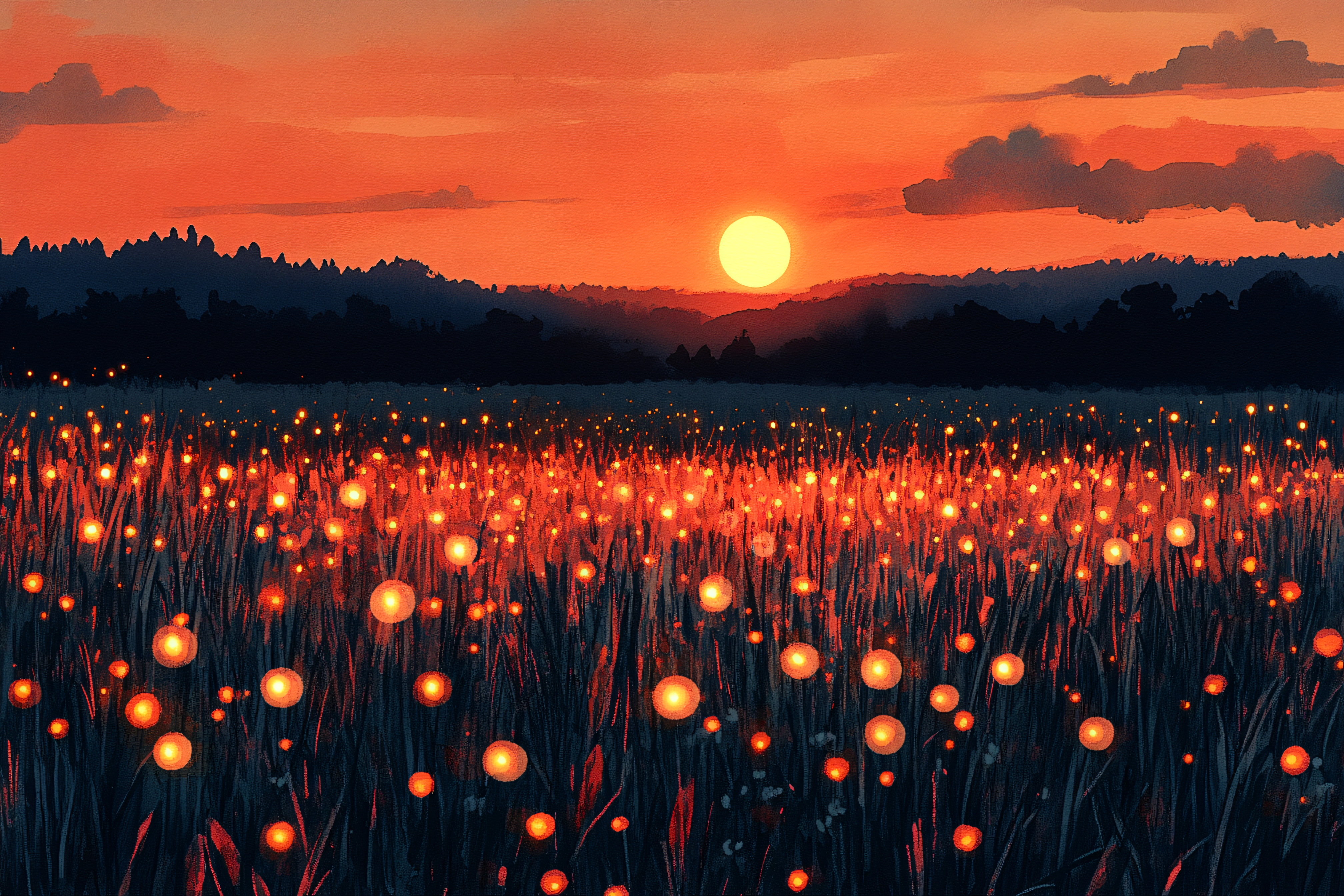 Fireflies Field At Sunset