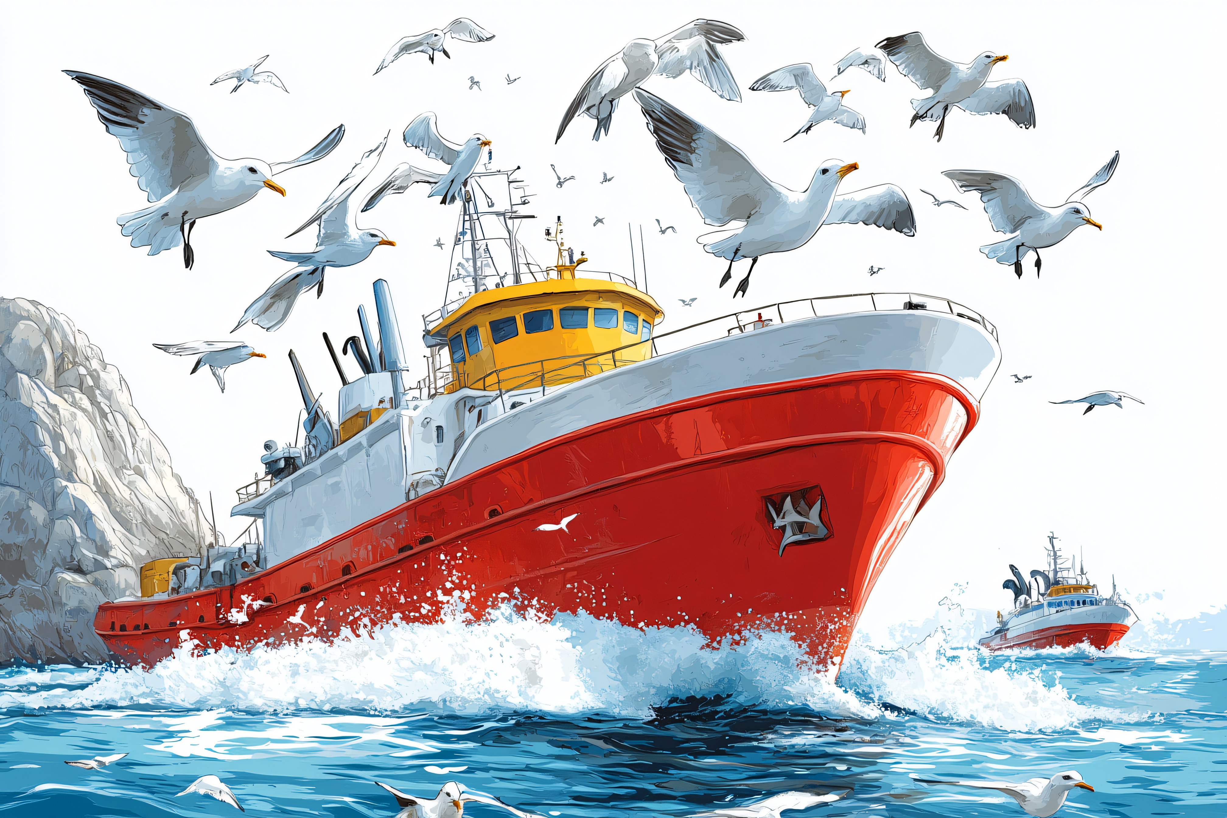 Fishing Boats With Seagulls