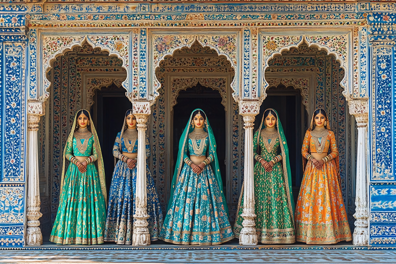 Five Women in Colorful Lehengas at Ornate Archway