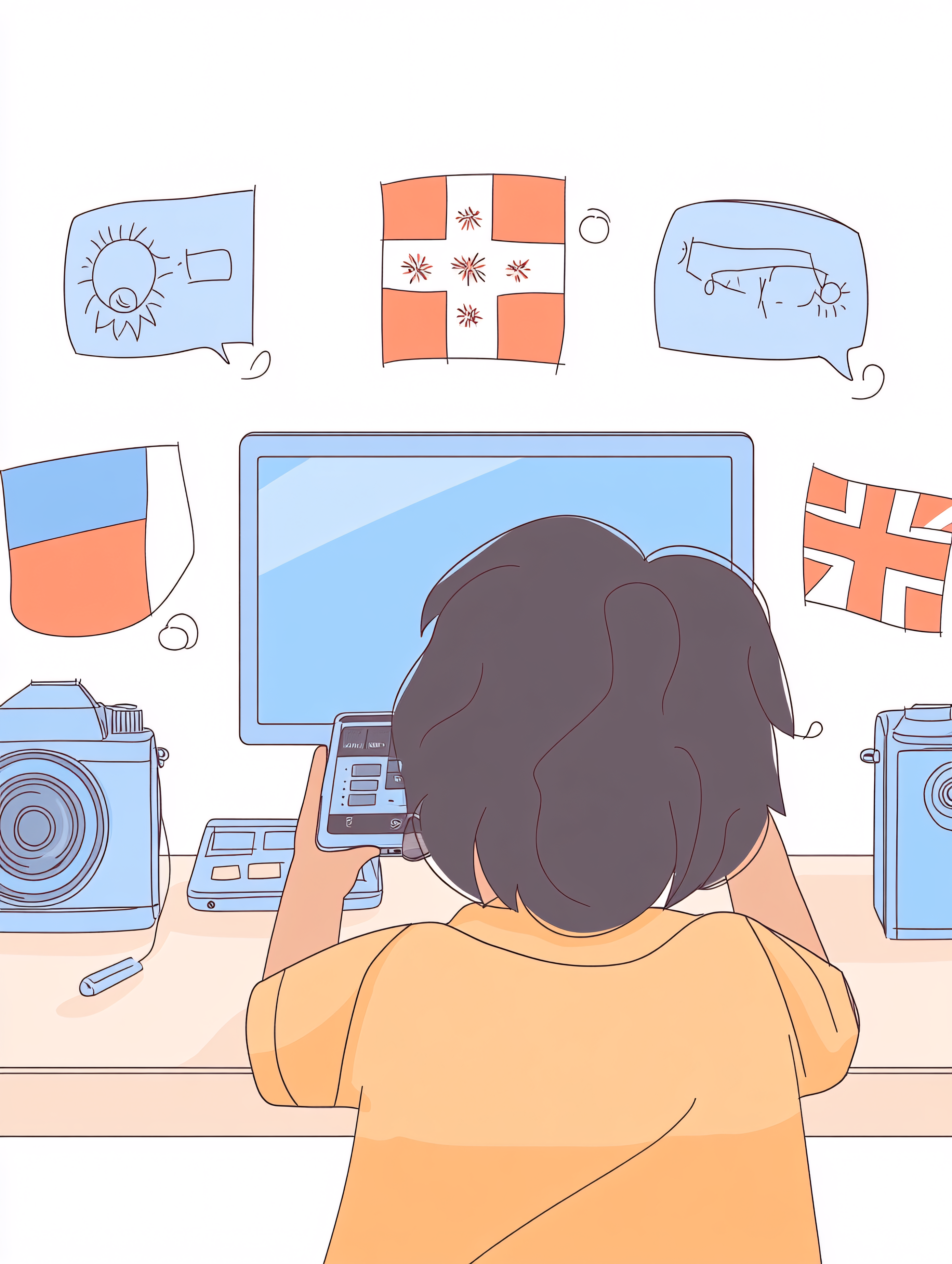 flags, person working on a laptop