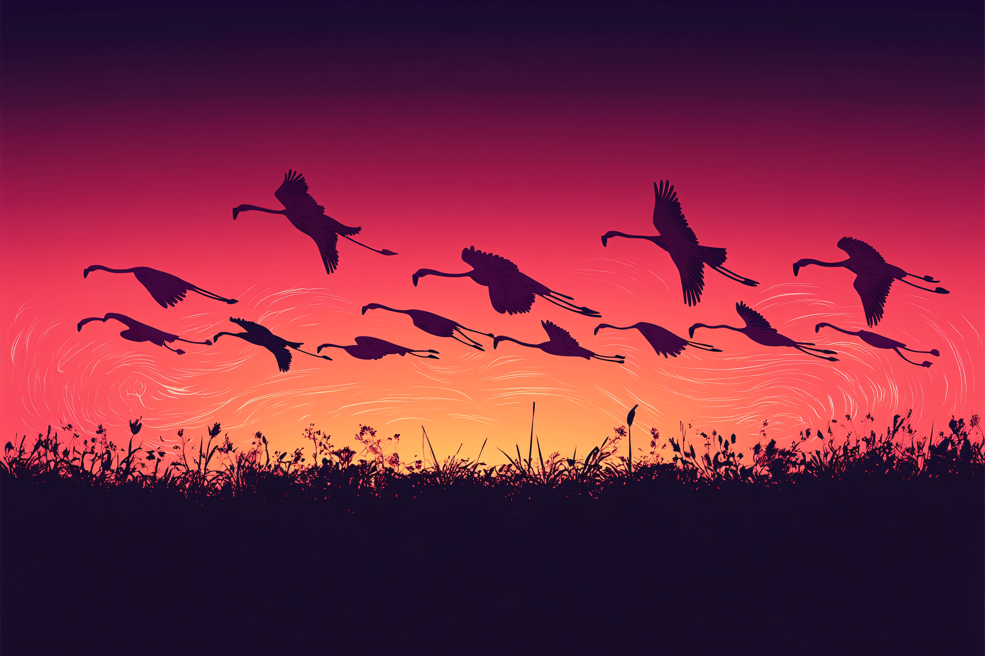Flamingos Flying At Sunset