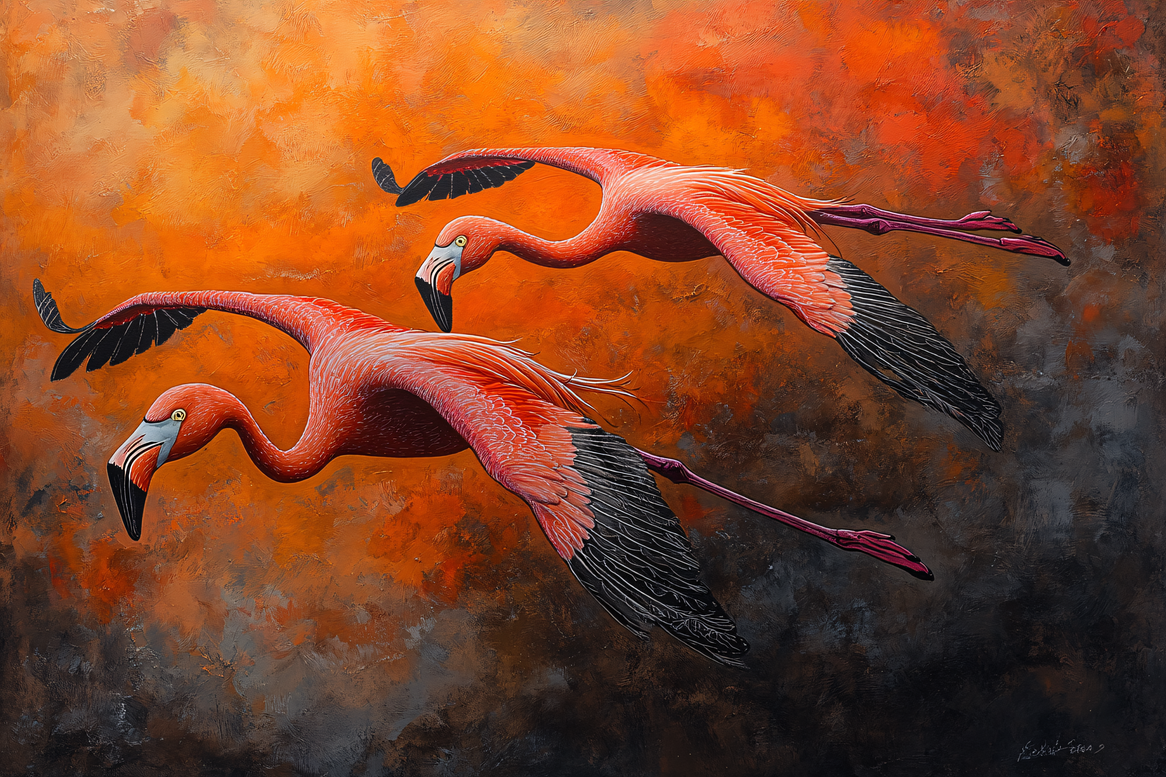 Flamingos In Flight