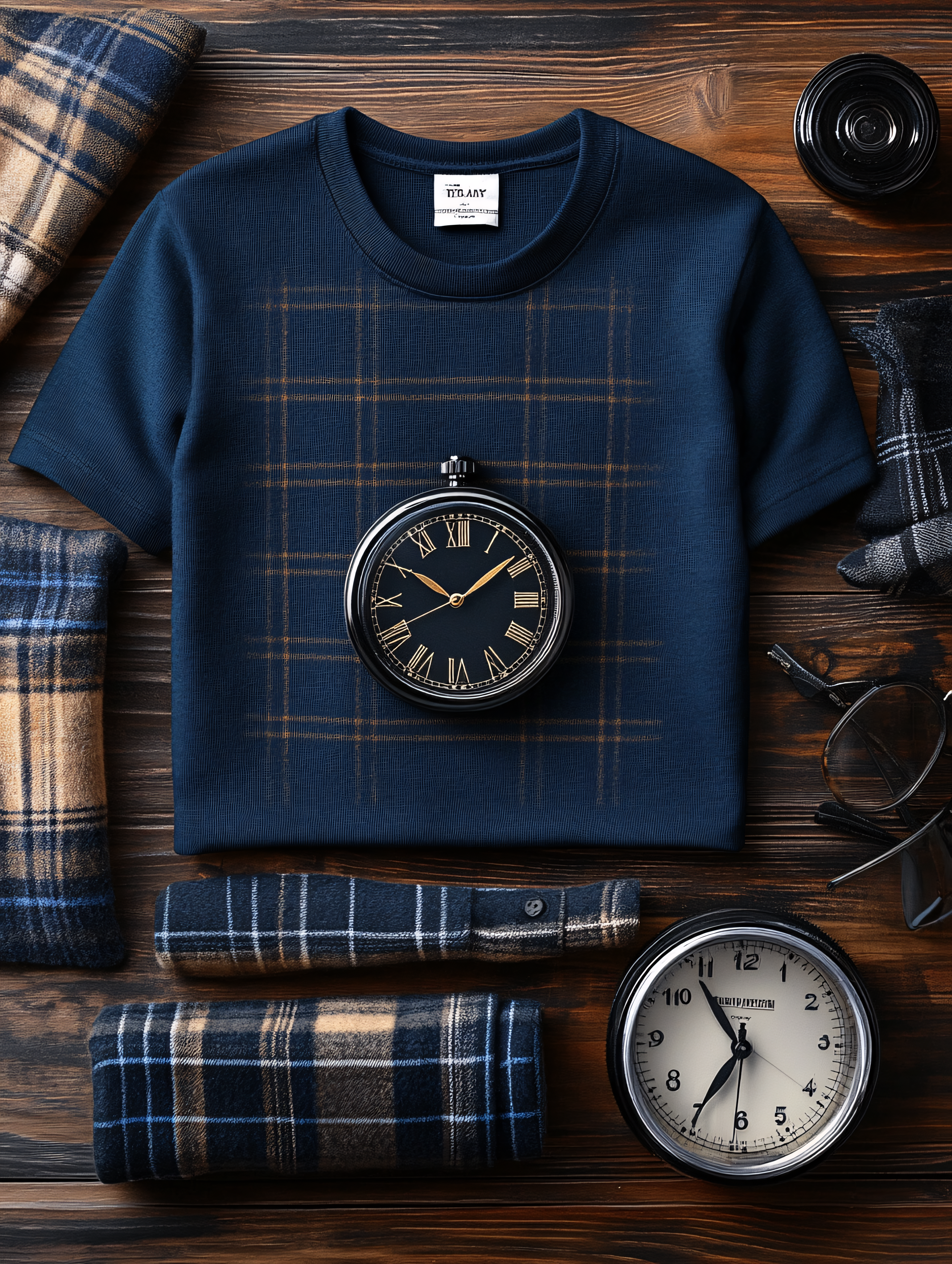 Flat Lay Of Navy Blue T-Shirt With Plaid Accessories And Clocks