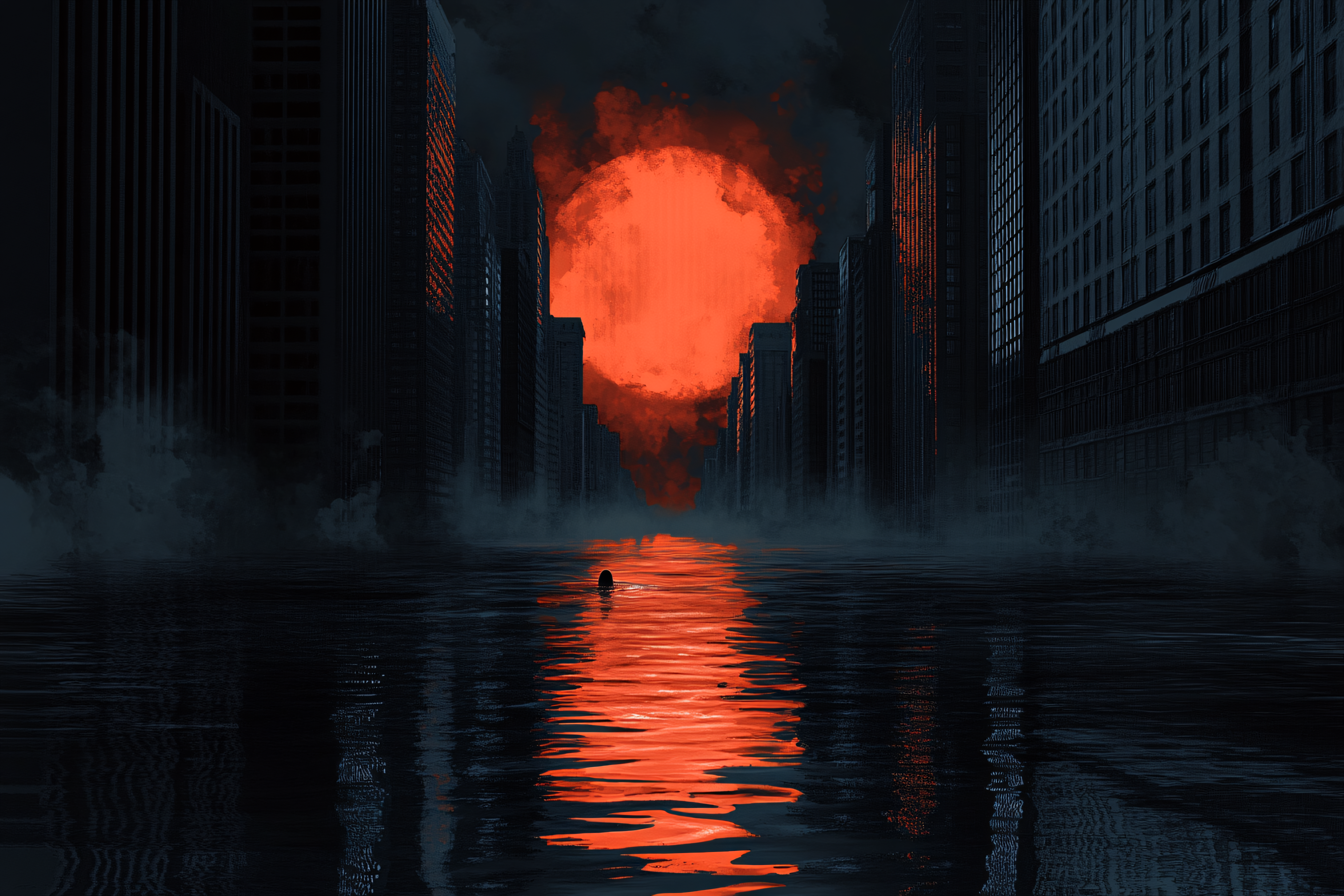 Flooded Cityscape Under a Crimson Moon