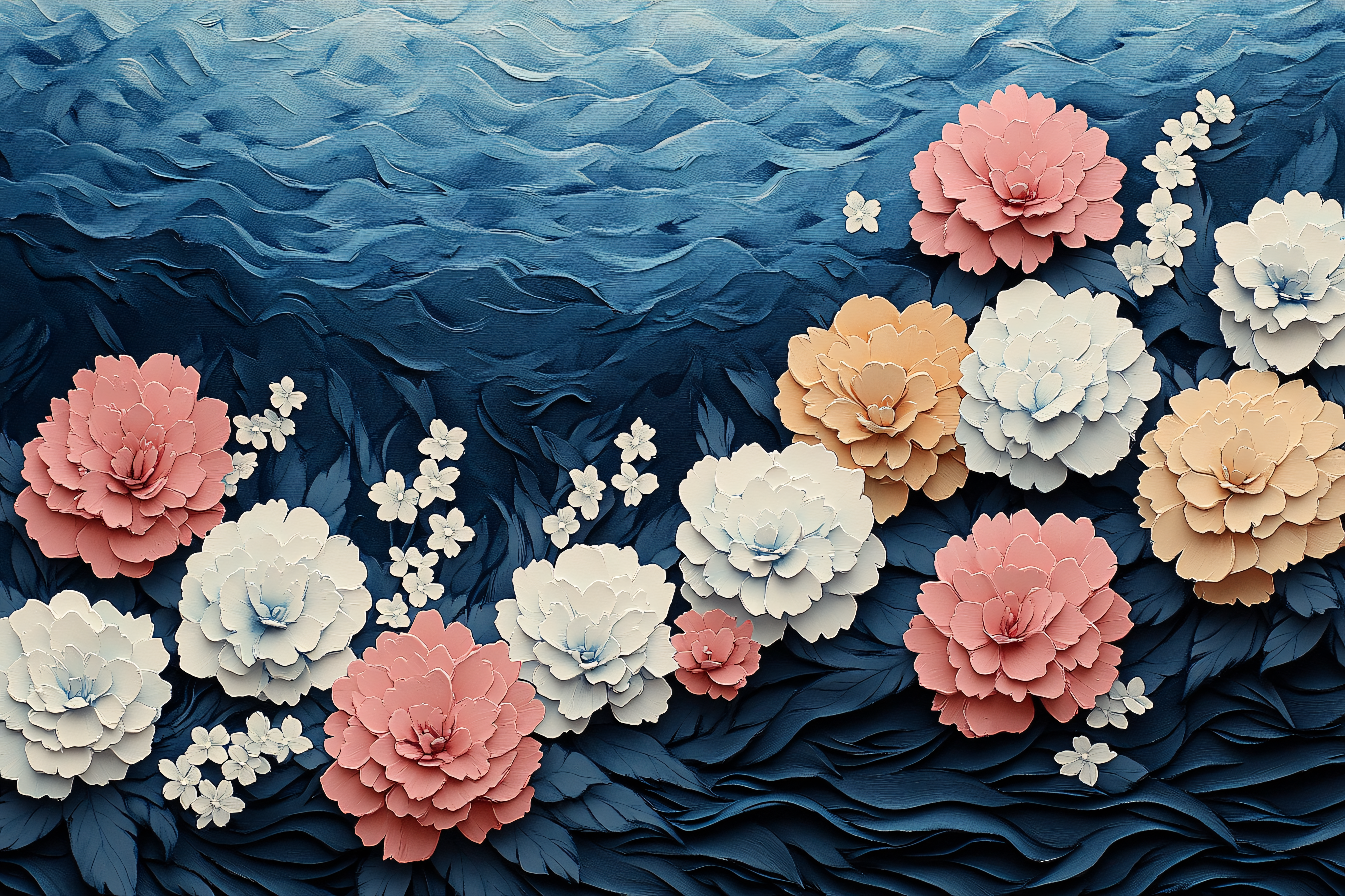 Floral Art with Blue Waves