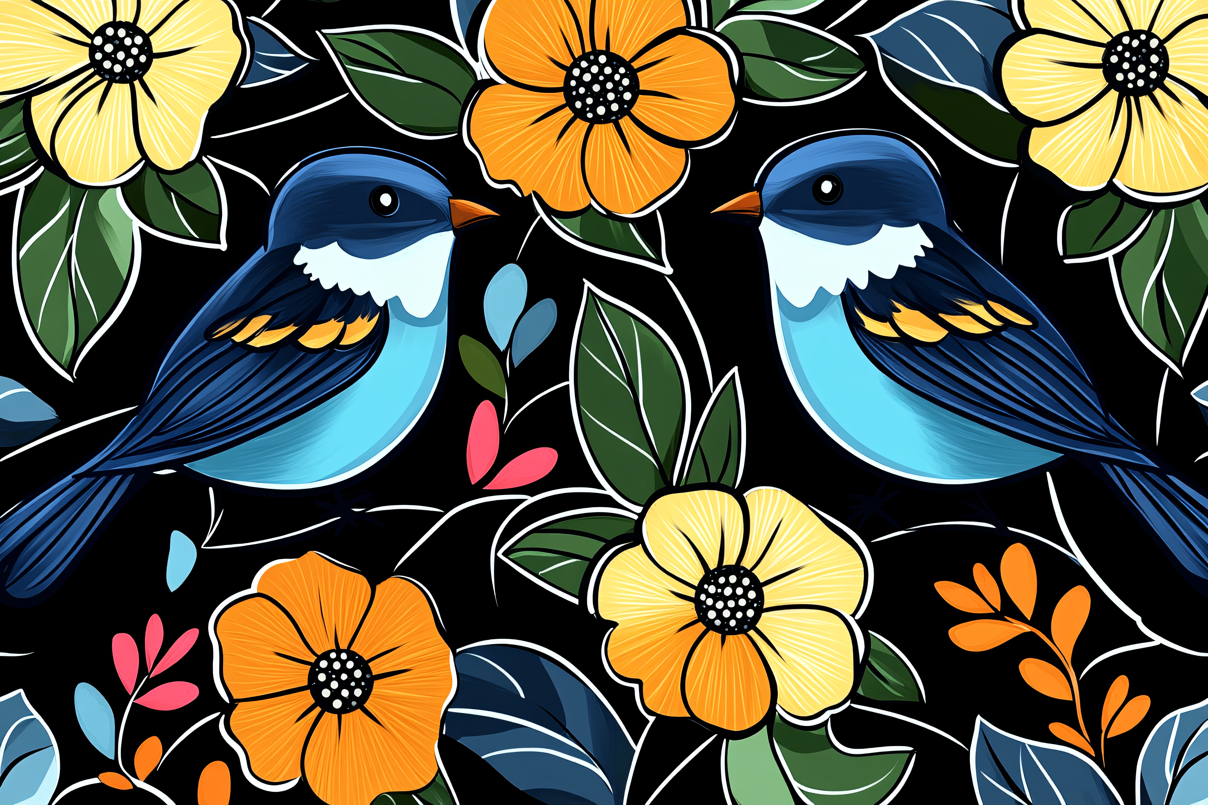 Floral Birds Vector Illustration