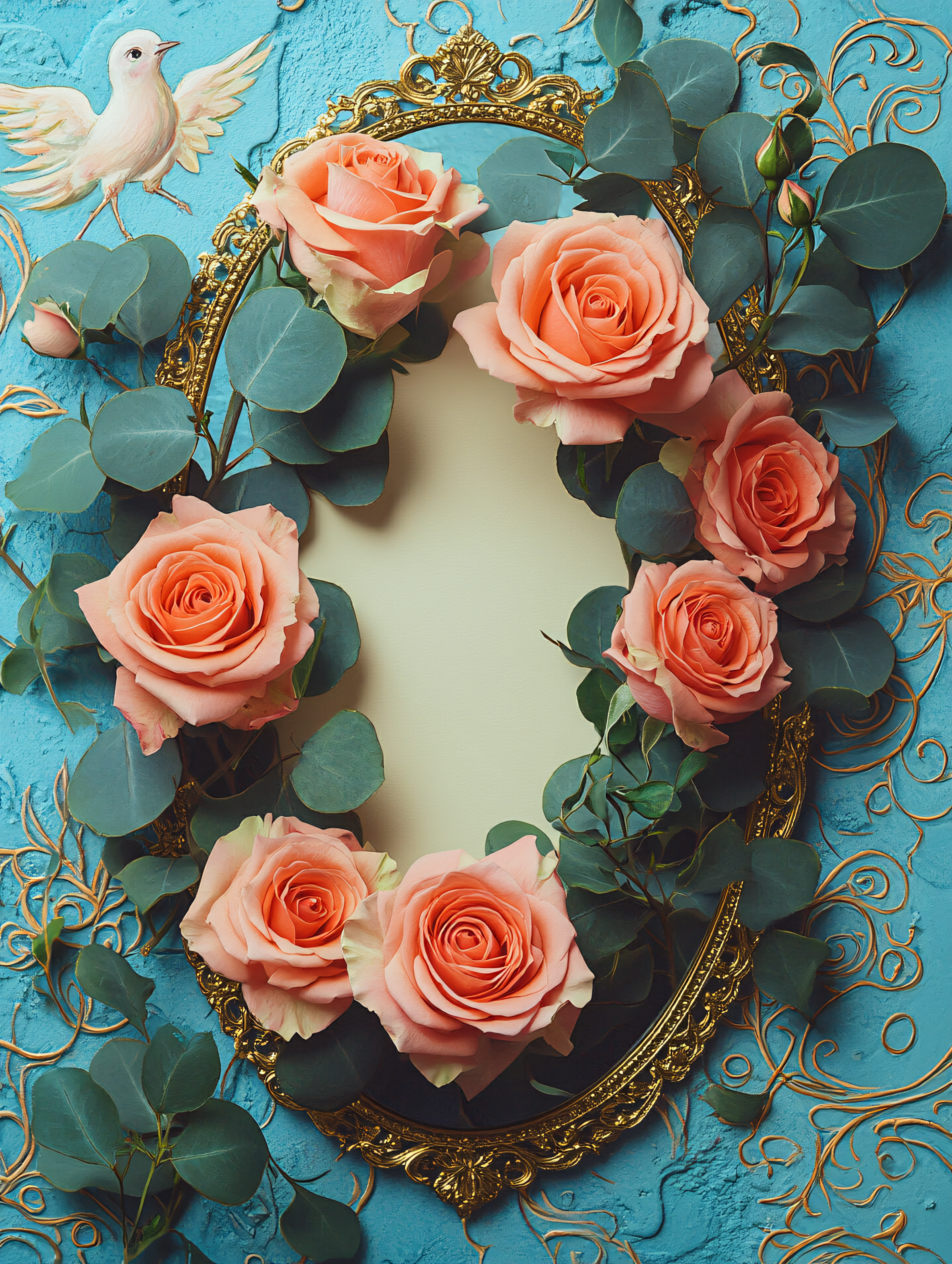Floral Frame with Dove and Roses