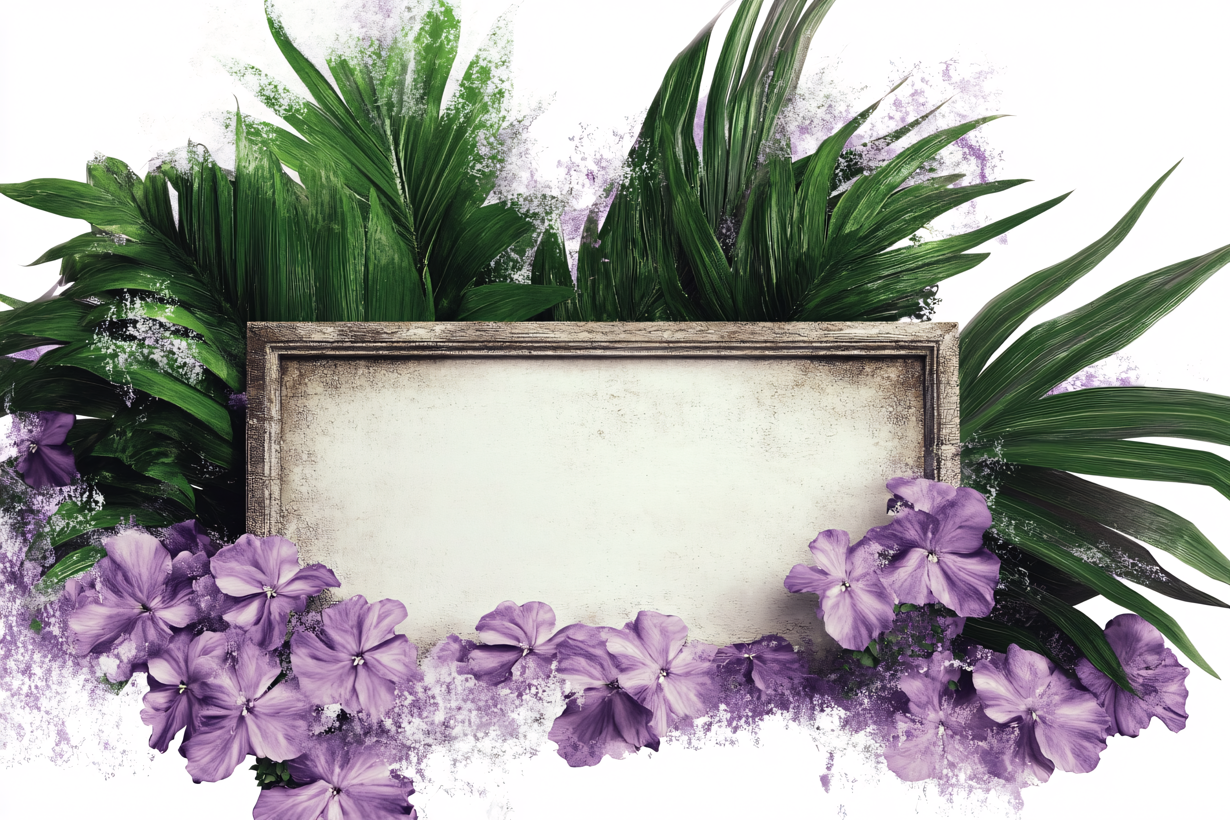 Floral Frame With Green Leaves and Purple Flowers