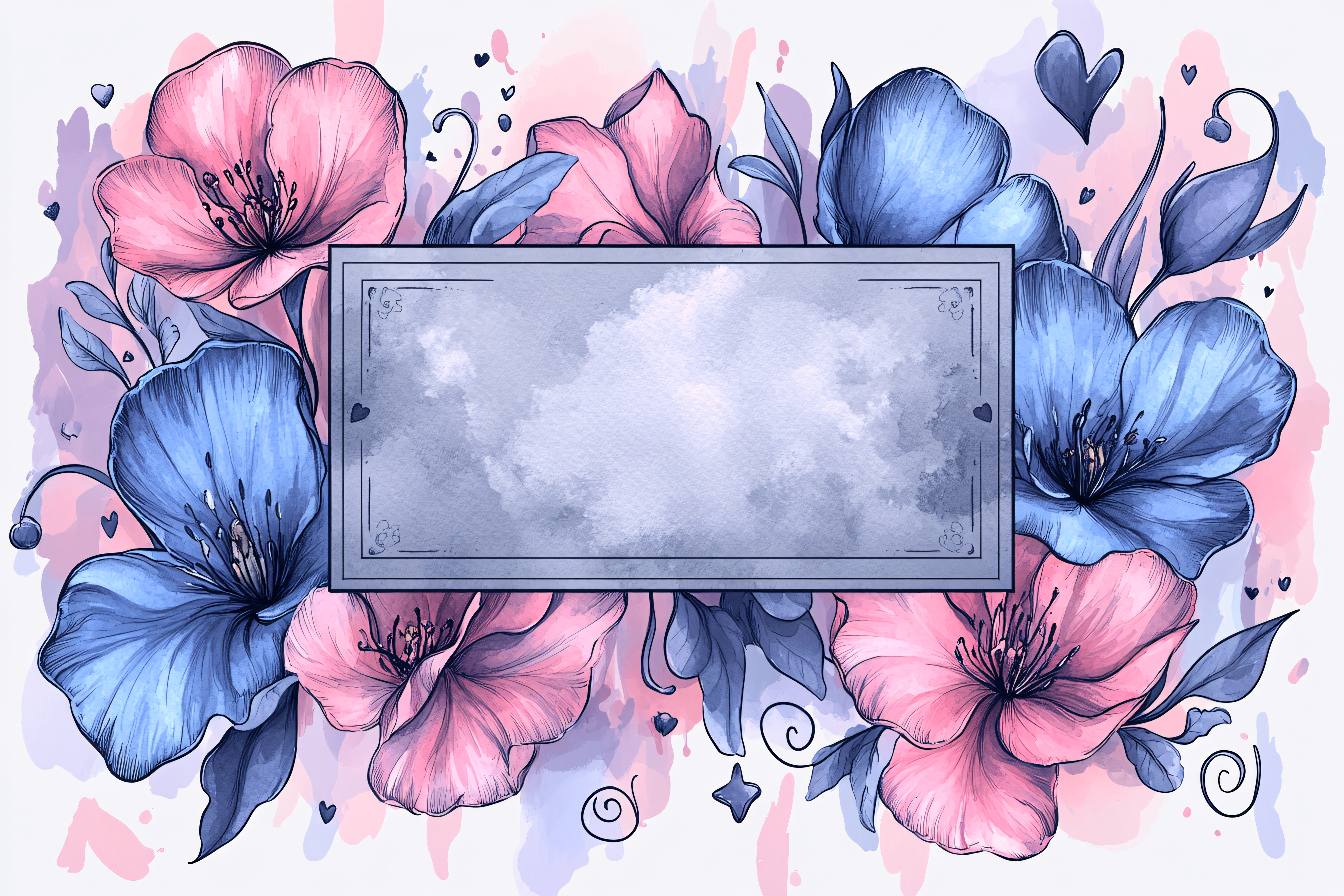 Floral Frame with Pink and Blue Flowers