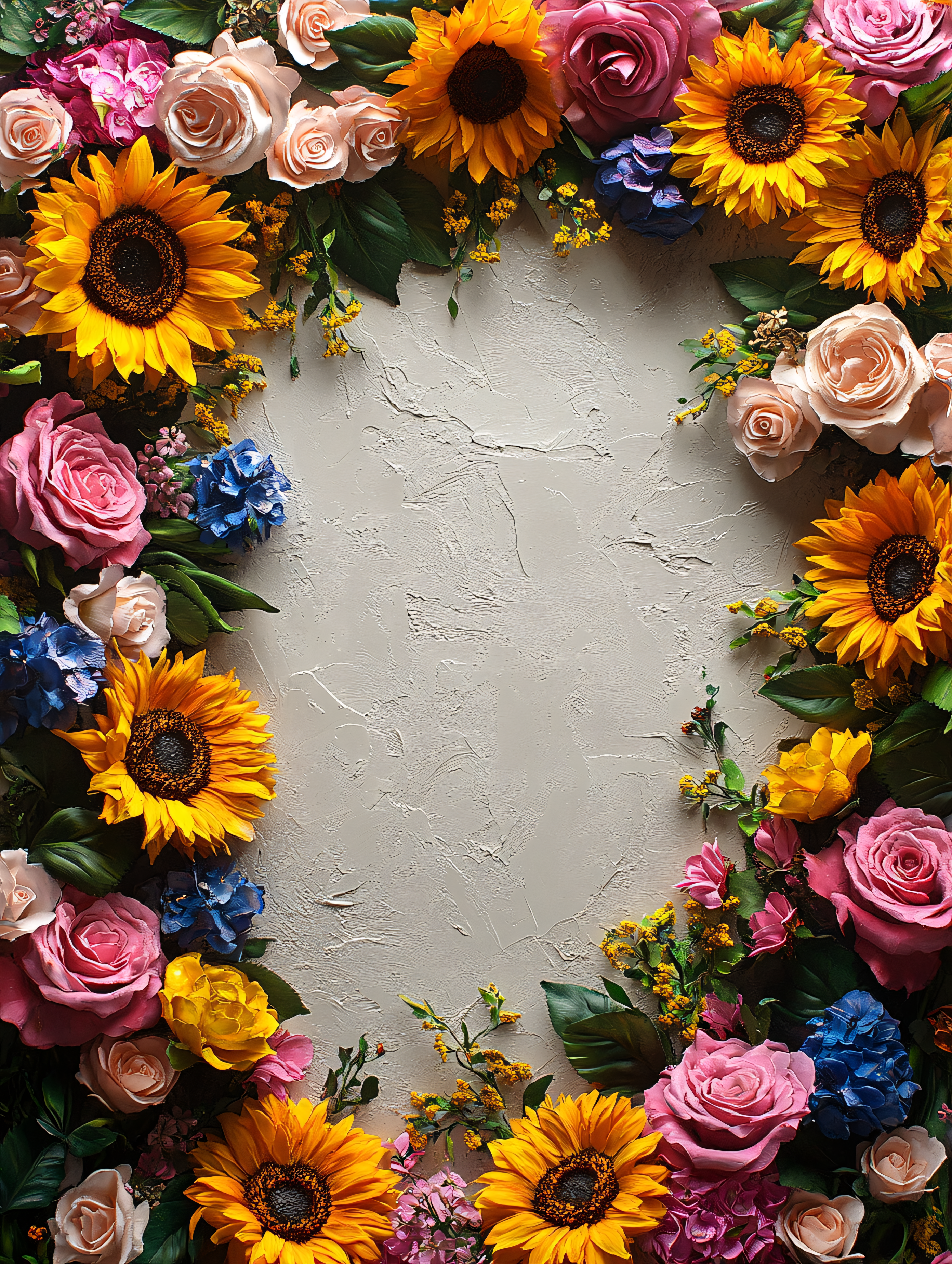 Floral Frame With Sunflowers And Roses