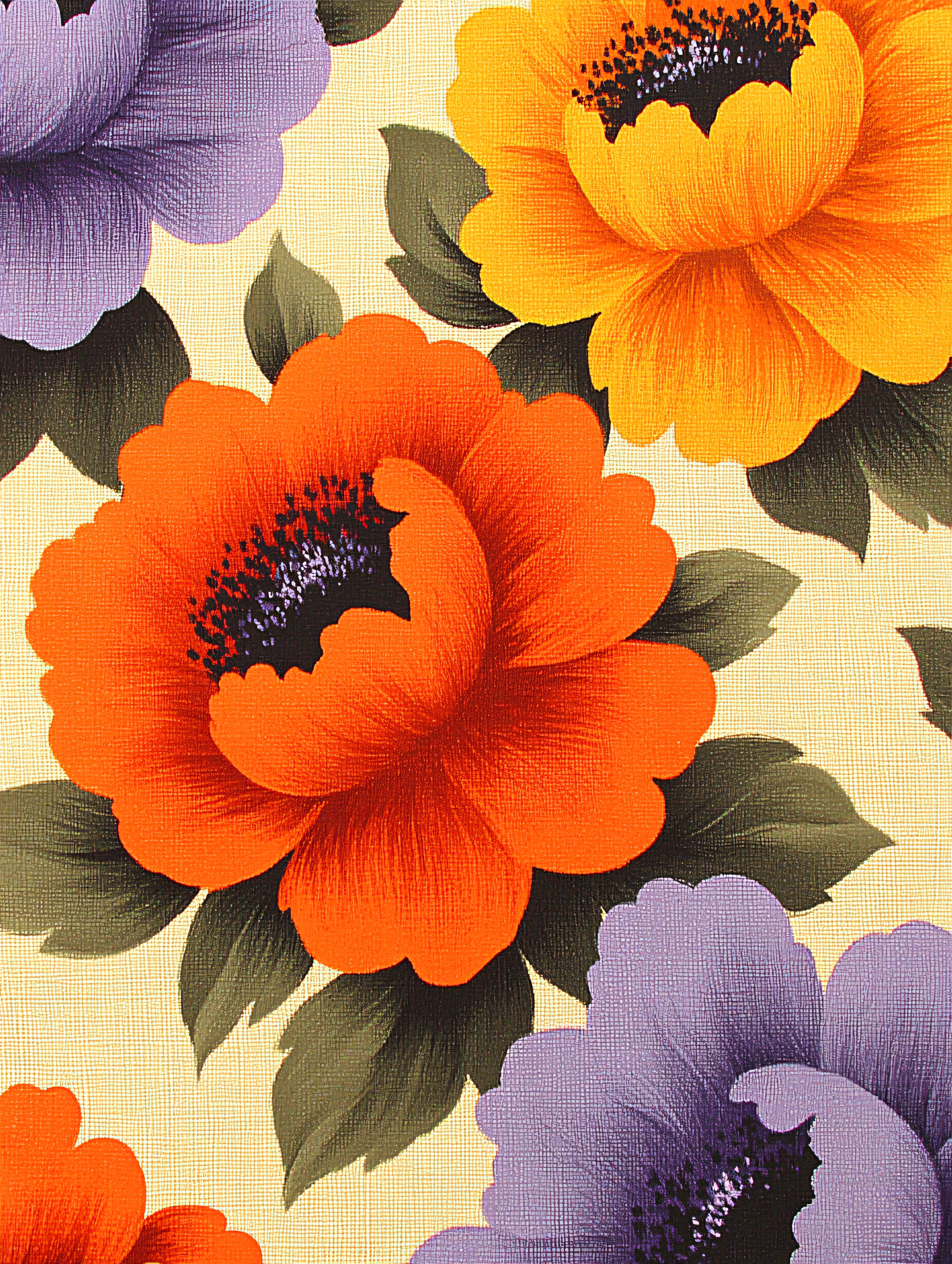 Floral Pattern With Orange And Purple Flowers