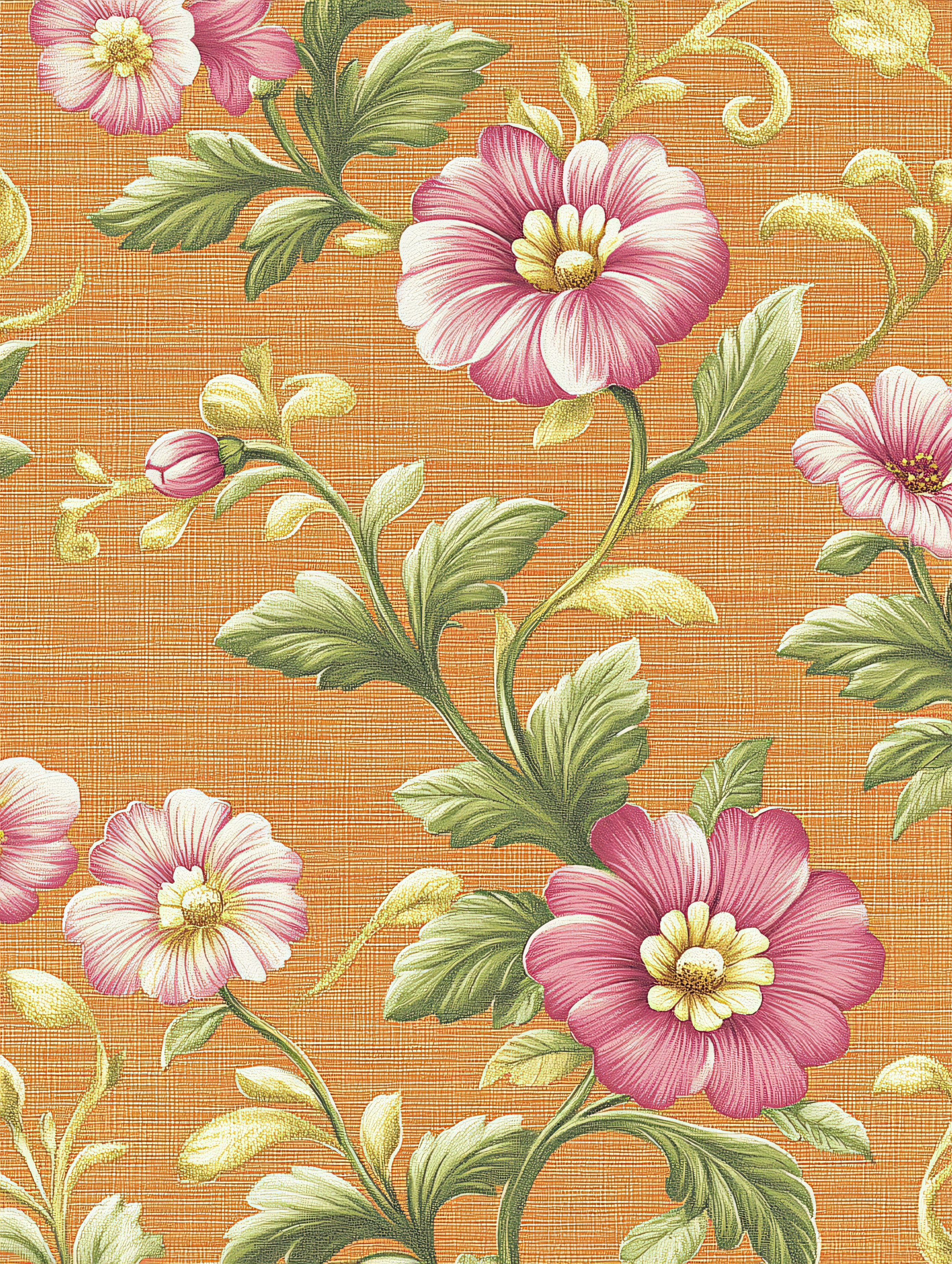Floral Pattern With Pink Flowers On Orange Background
