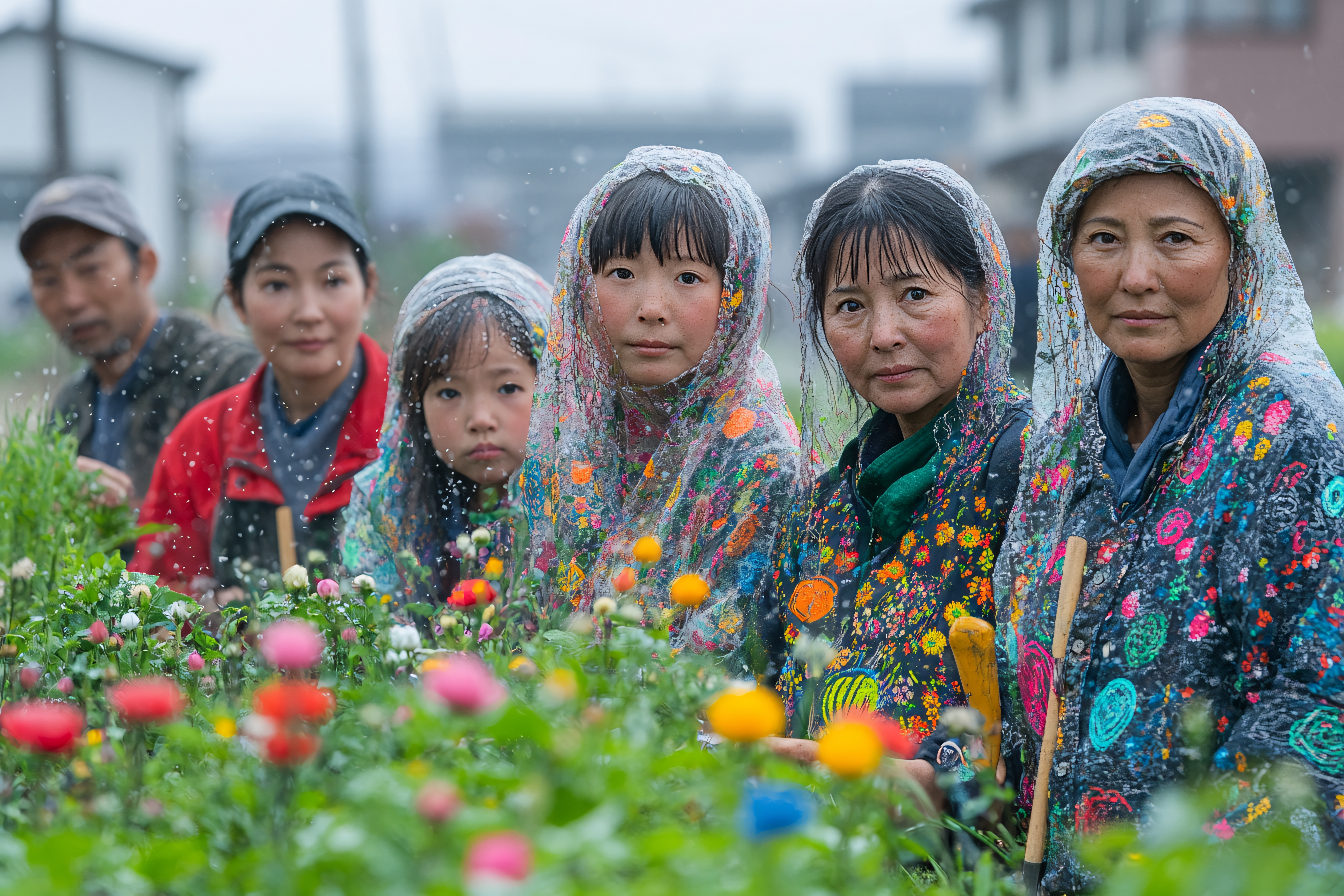 Flower Field Workers in Rain