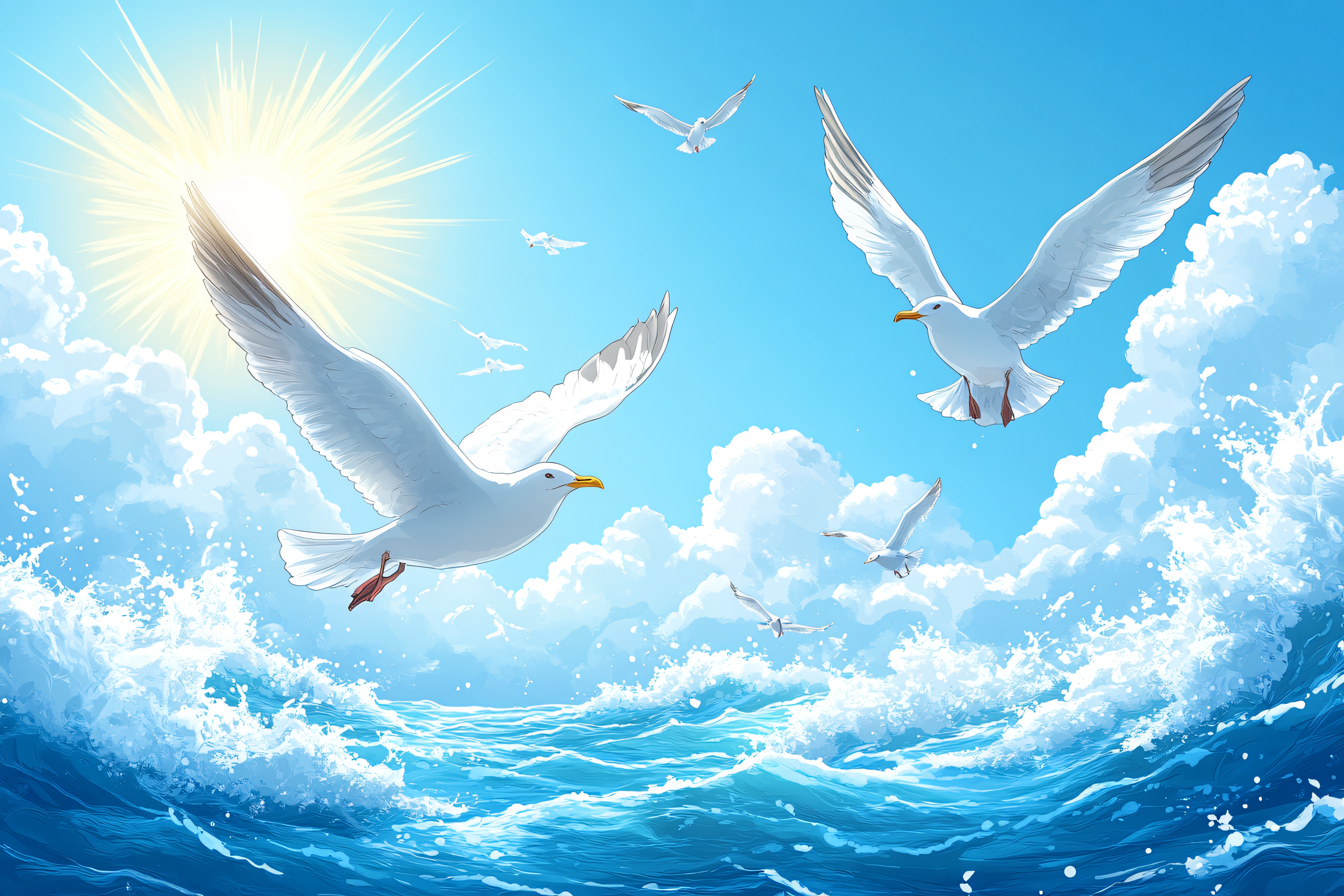 Flying Seagulls Over Ocean Waves