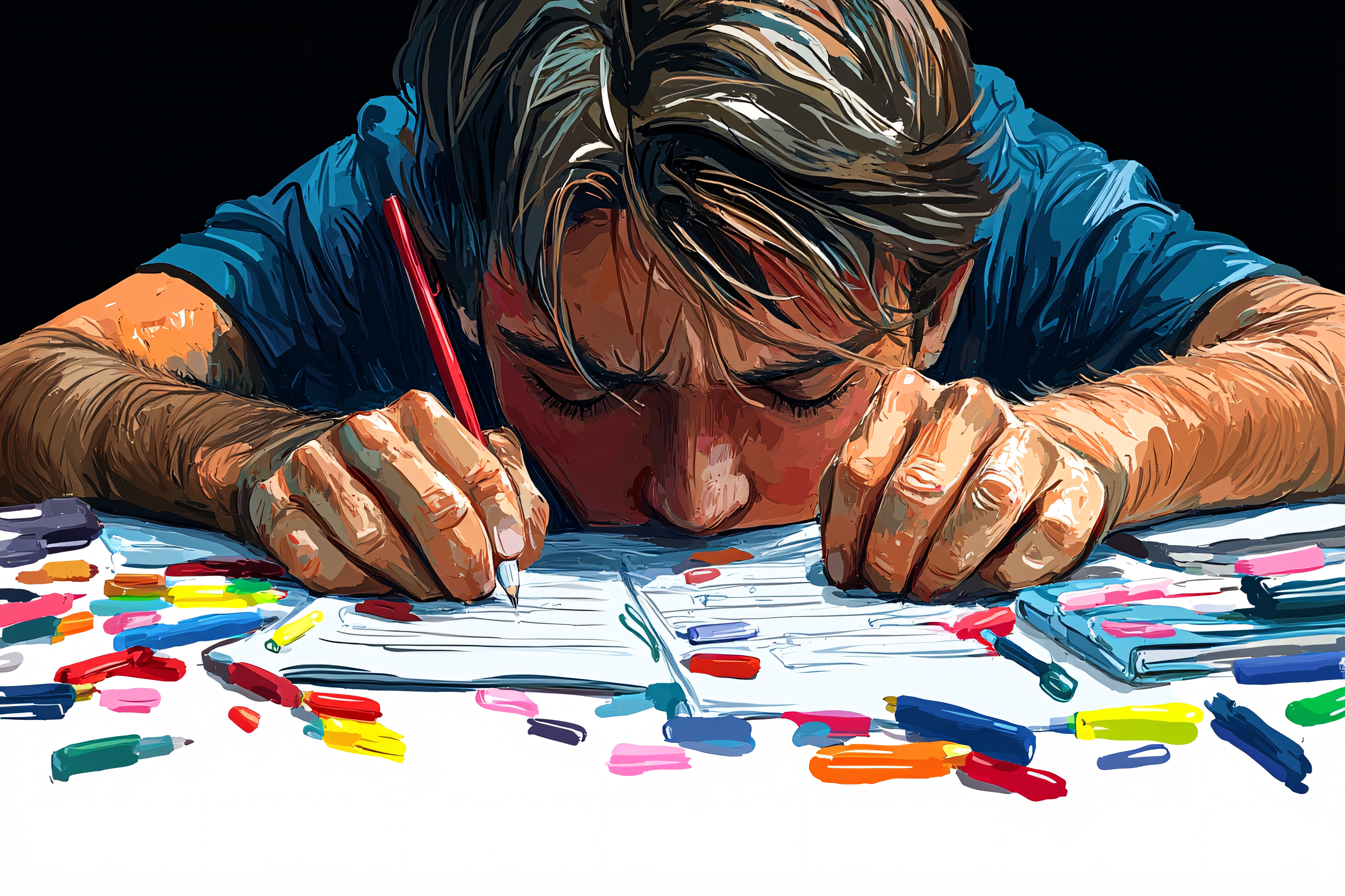 Focused Student with Colorful Markers