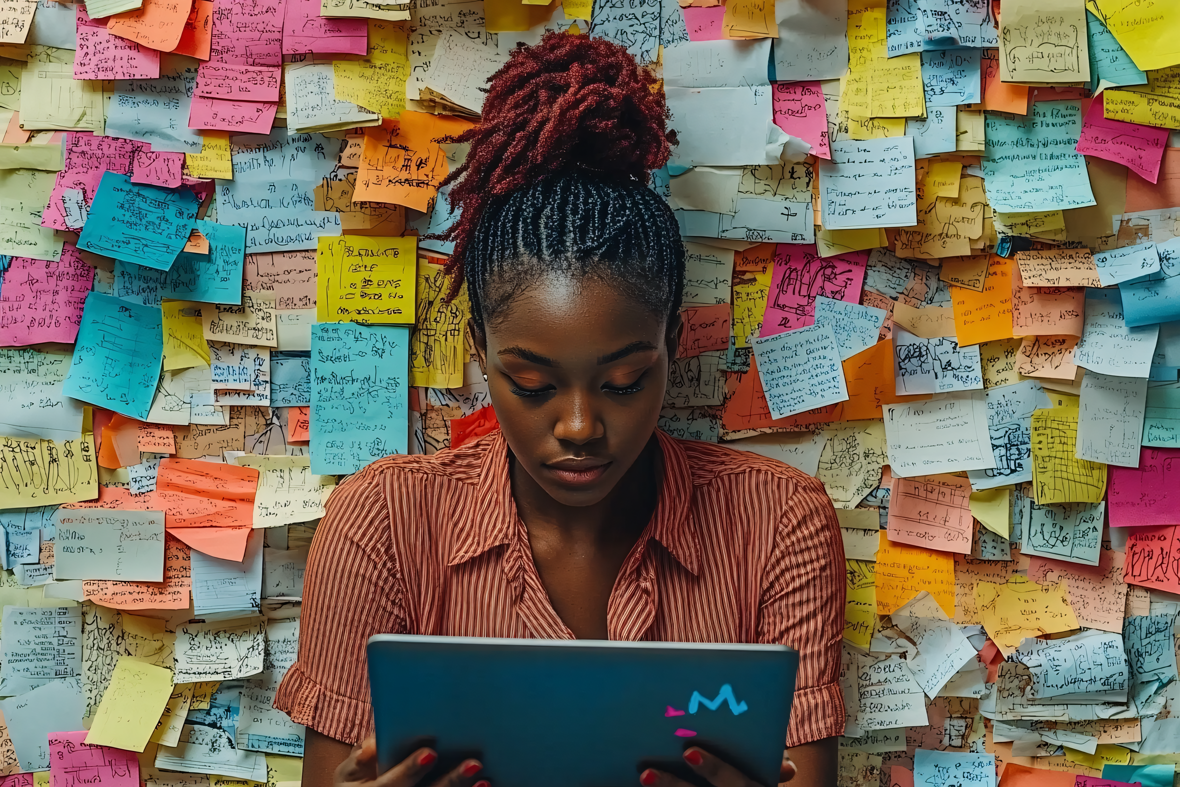 Focused Woman Brainstorming Ideas on Tablet