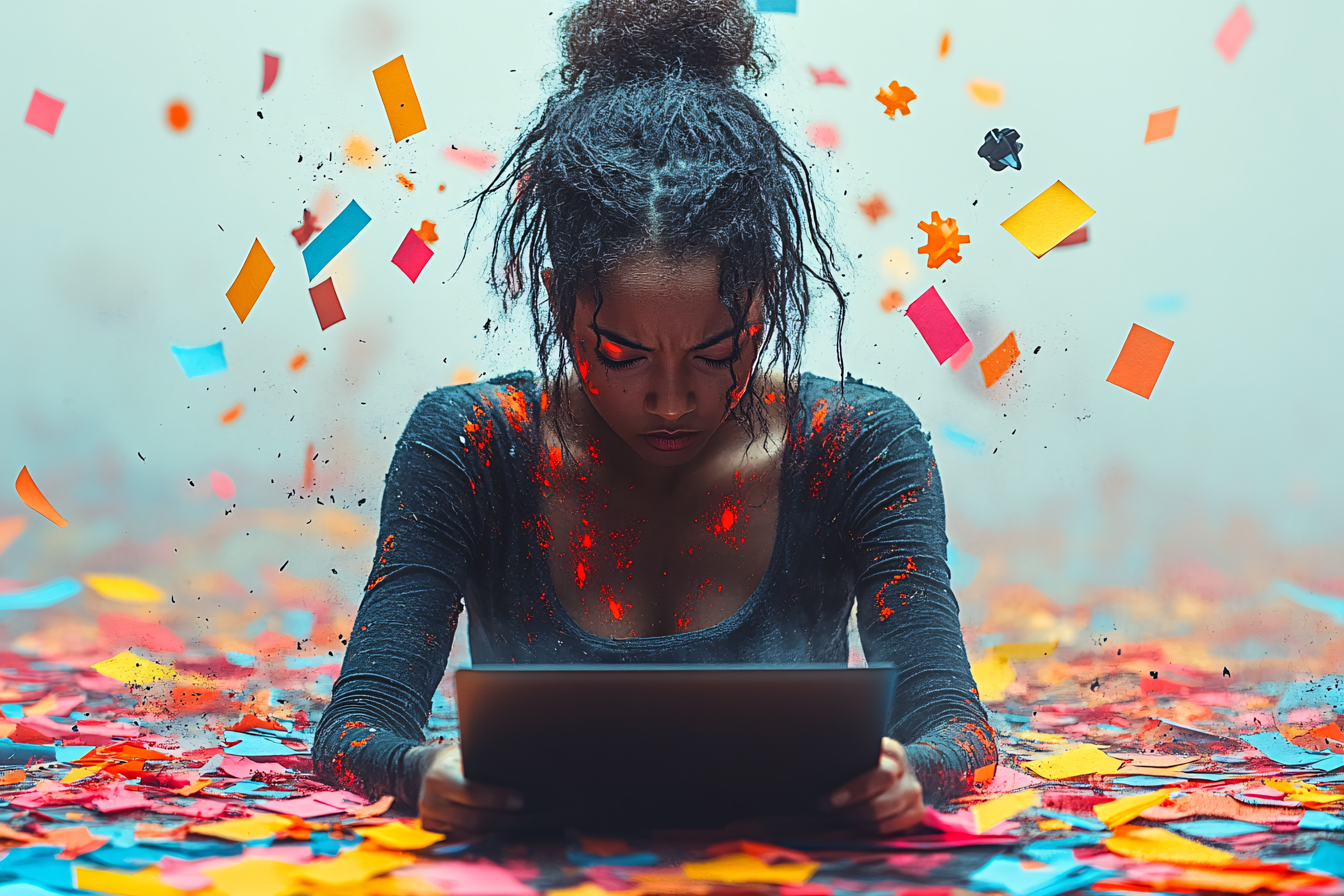 Focused Woman in Confetti Shower