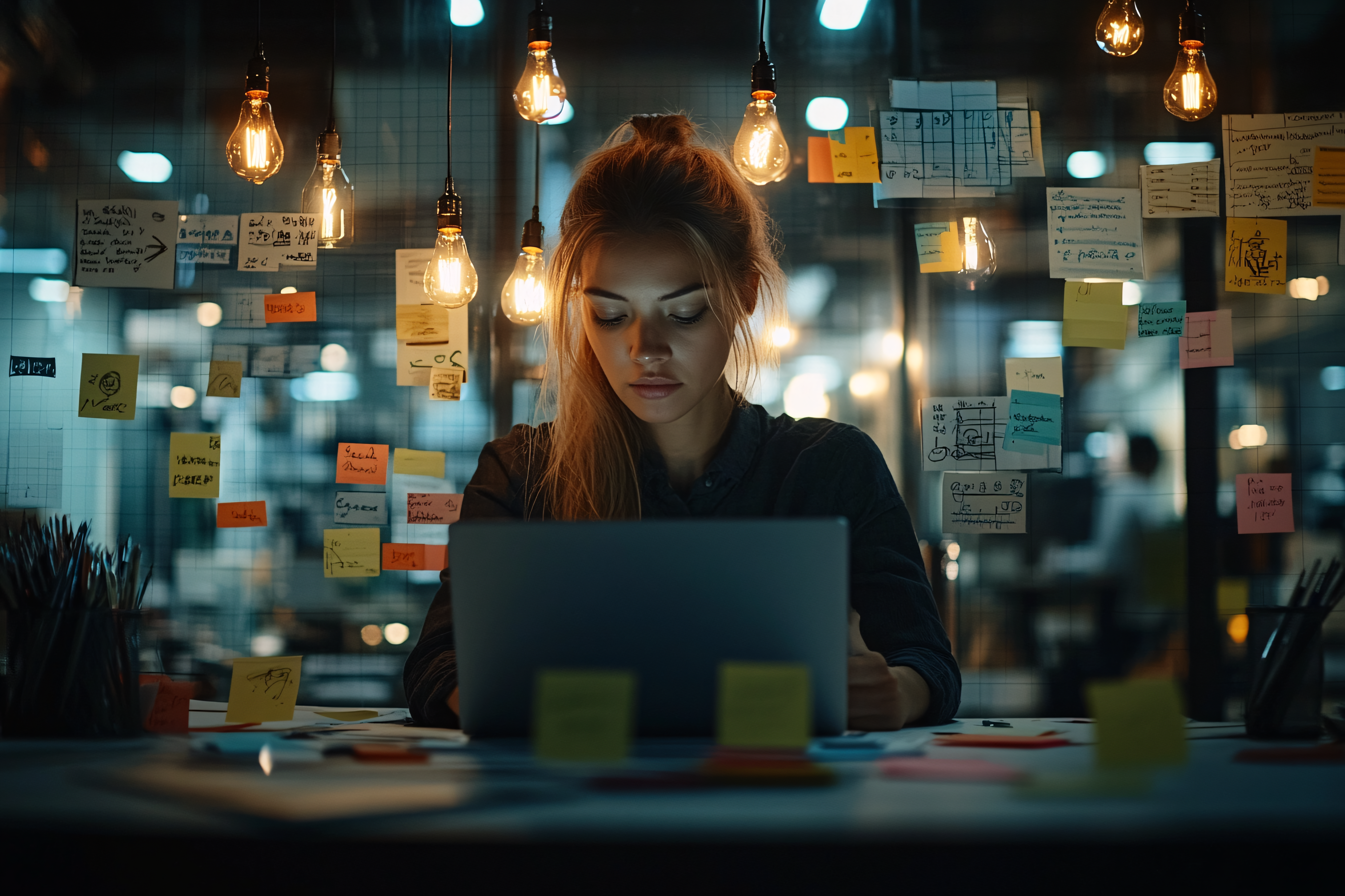 Focused Woman Working Late In Creative Office
