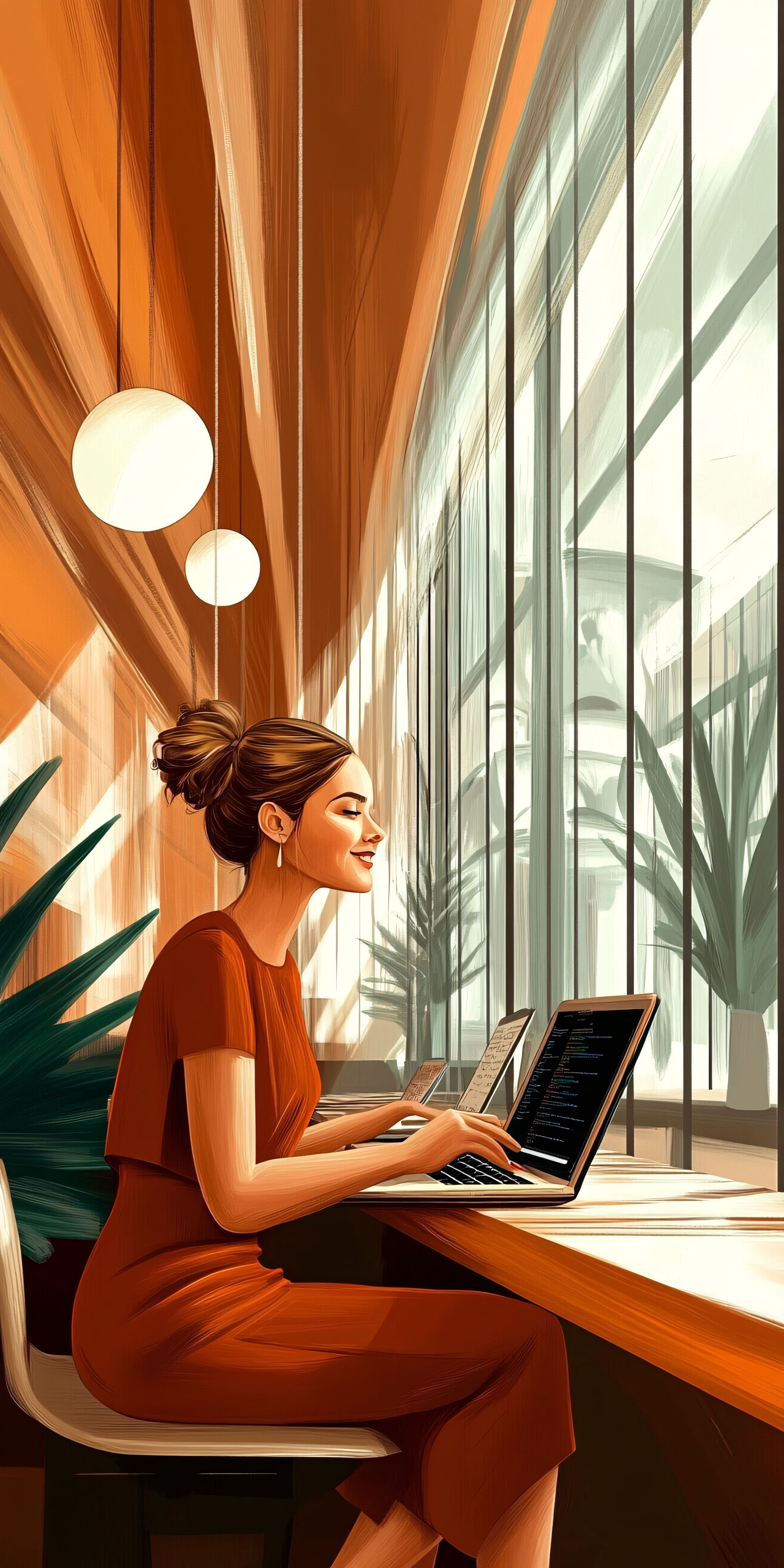 Focused Woman Working On Laptop In Modern Office