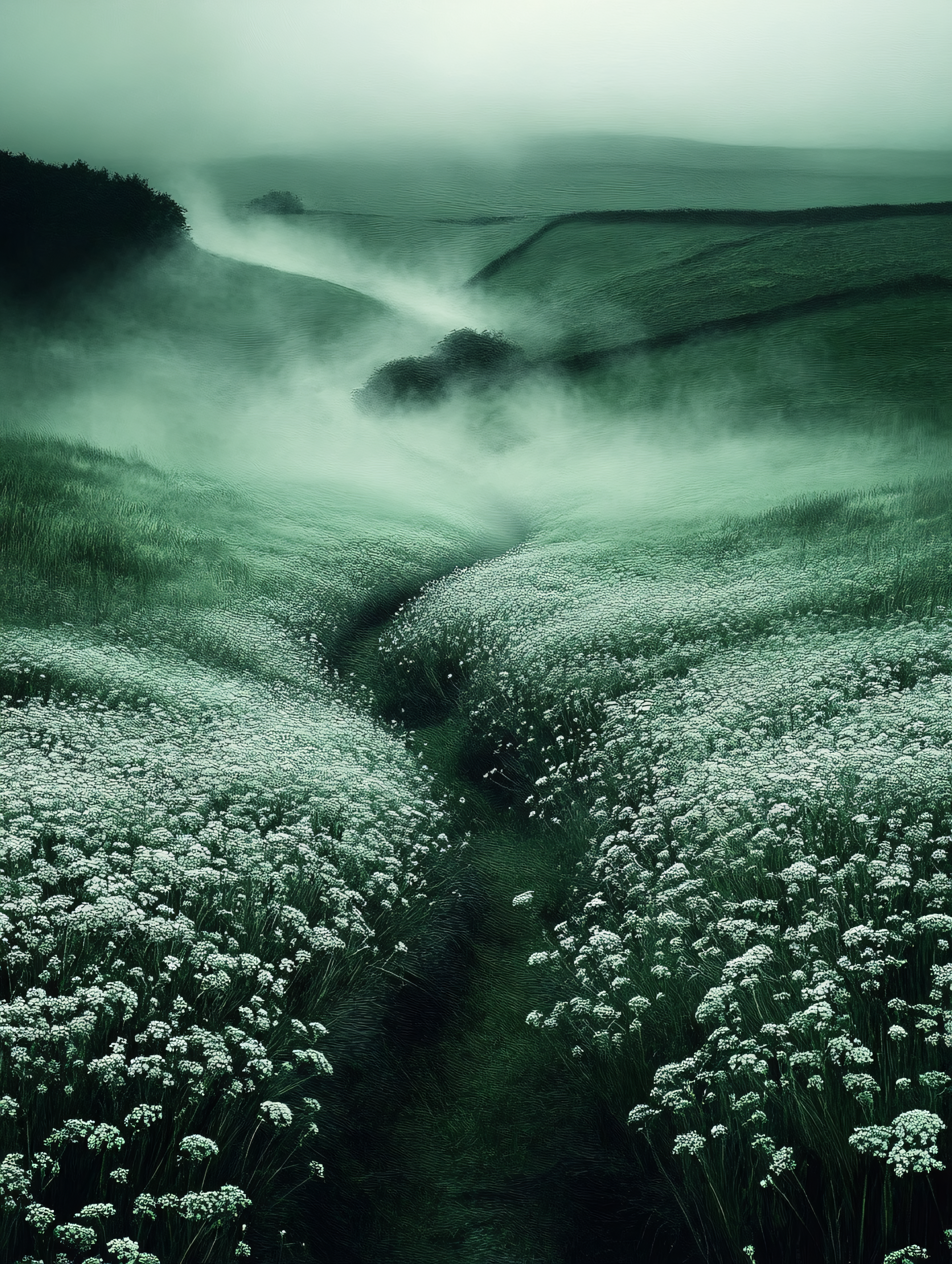 Foggy Meadow Path With White Flowers