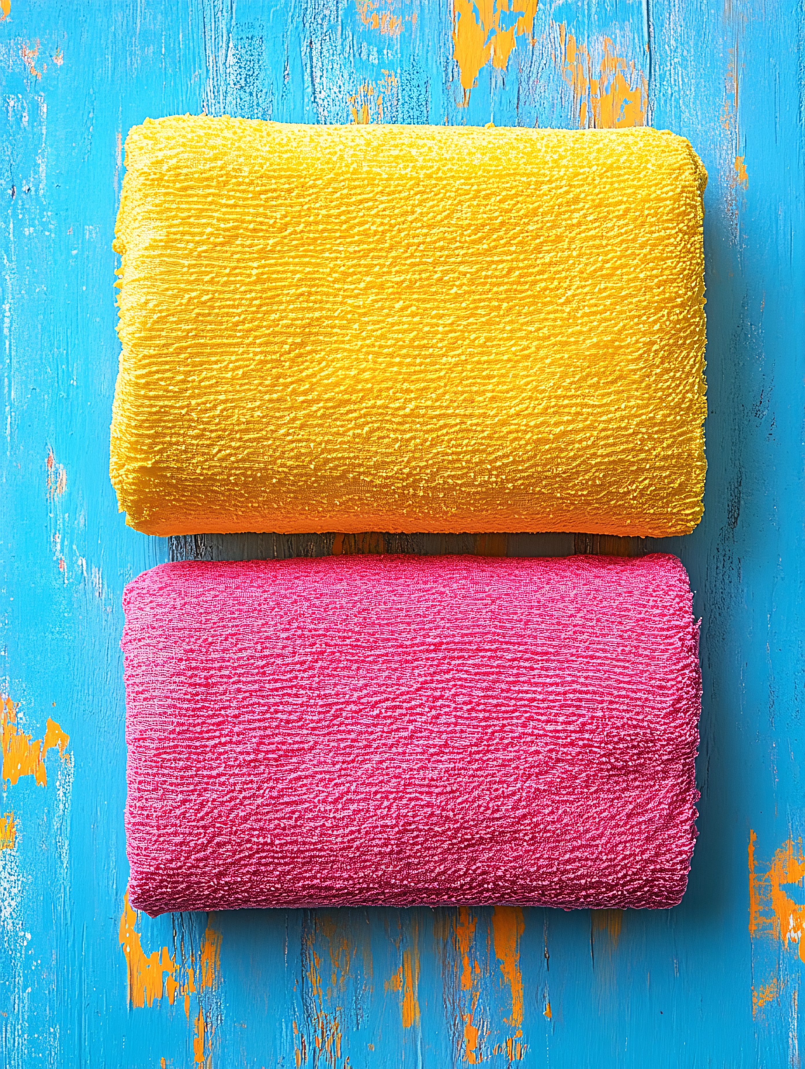 Folded Yellow and Pink Towels On Blue Wood