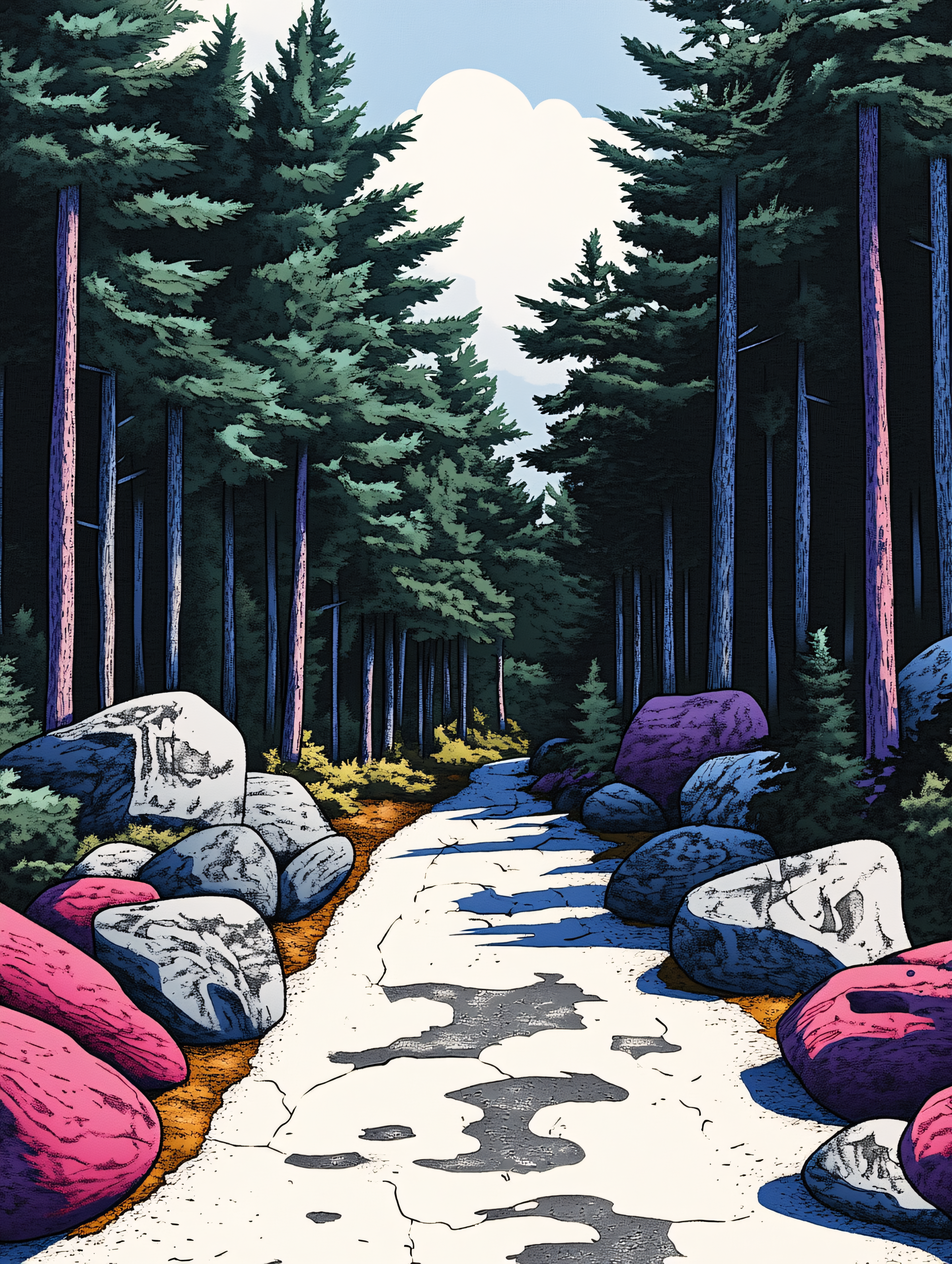 Forest Path With Colorful Rocks